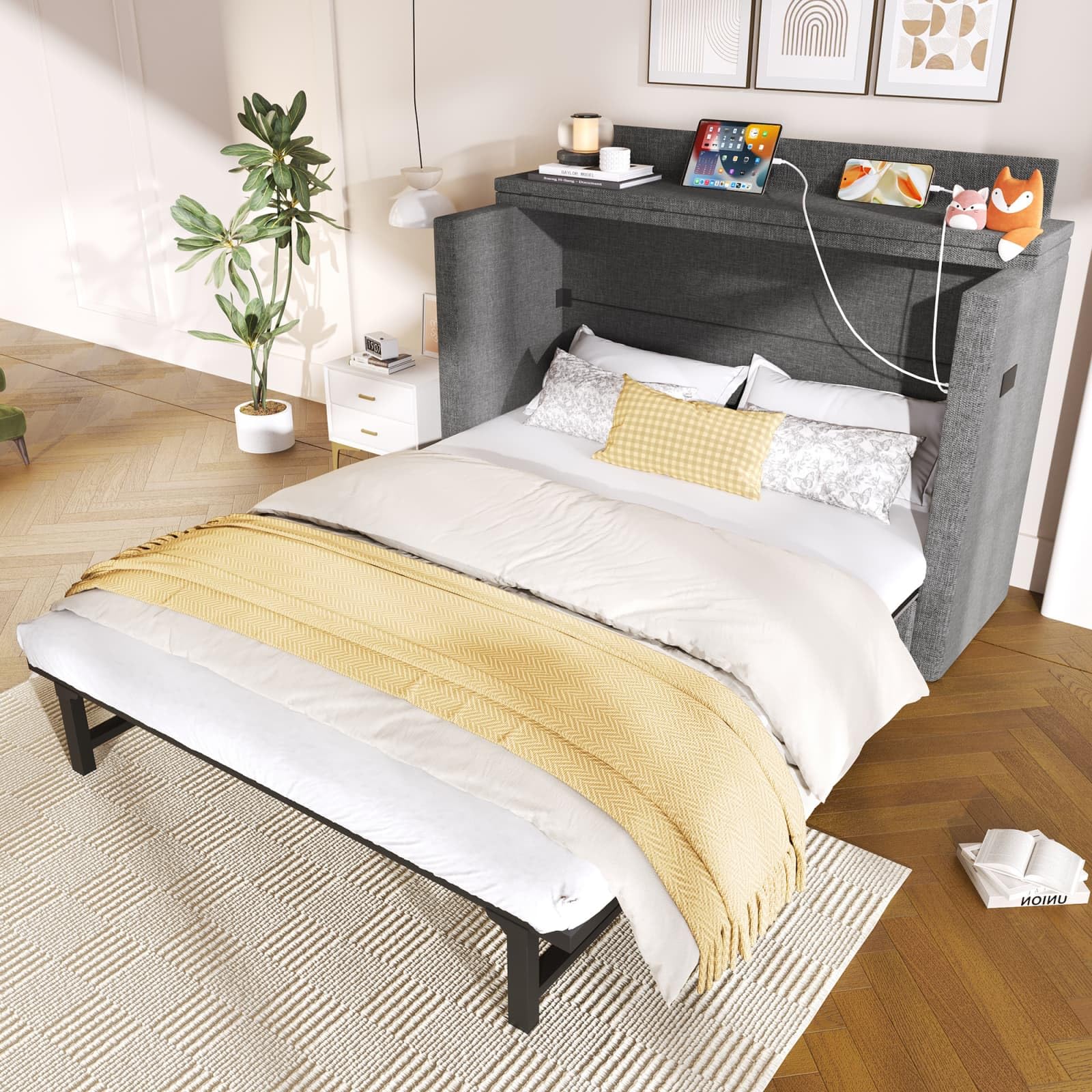 KOMHTOM Lit Escamotable en Lin avec Ports USB et Type-C, Lit Plateforme Convertible avec Tiroirs de Rangement(sans Matelas)(140 x 200 Gris)