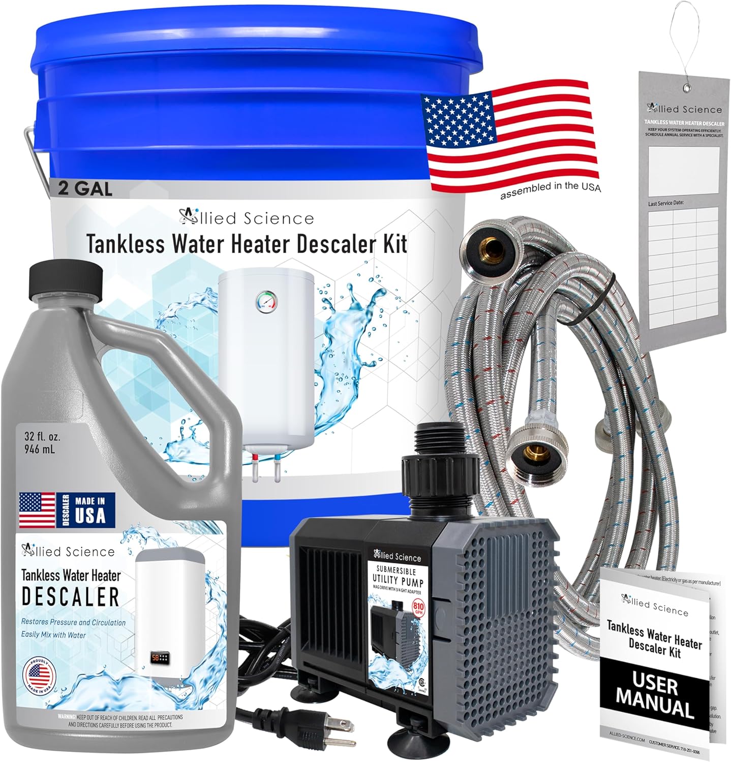 Tankless Water Heater Flushing Kit with Steel Hoses, Mag Drive Pump, Quart Eco-Friendly Descaler, and Maintenance Card Liquid Descaler