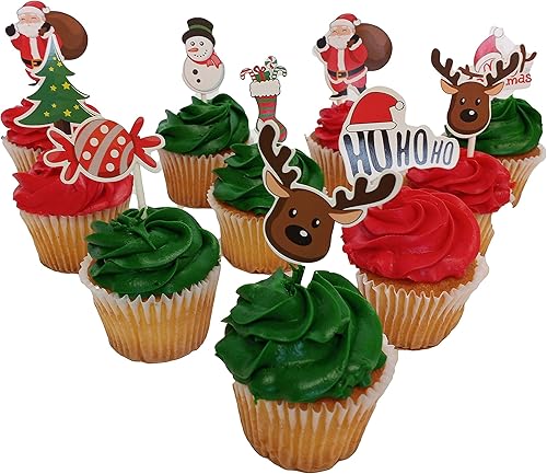 Miniatura 2 de Púas de decoración de cupcakes temáticos navideños, suministros de decoración culinaria de Navidad, paquete de fiesta de 48 piezas