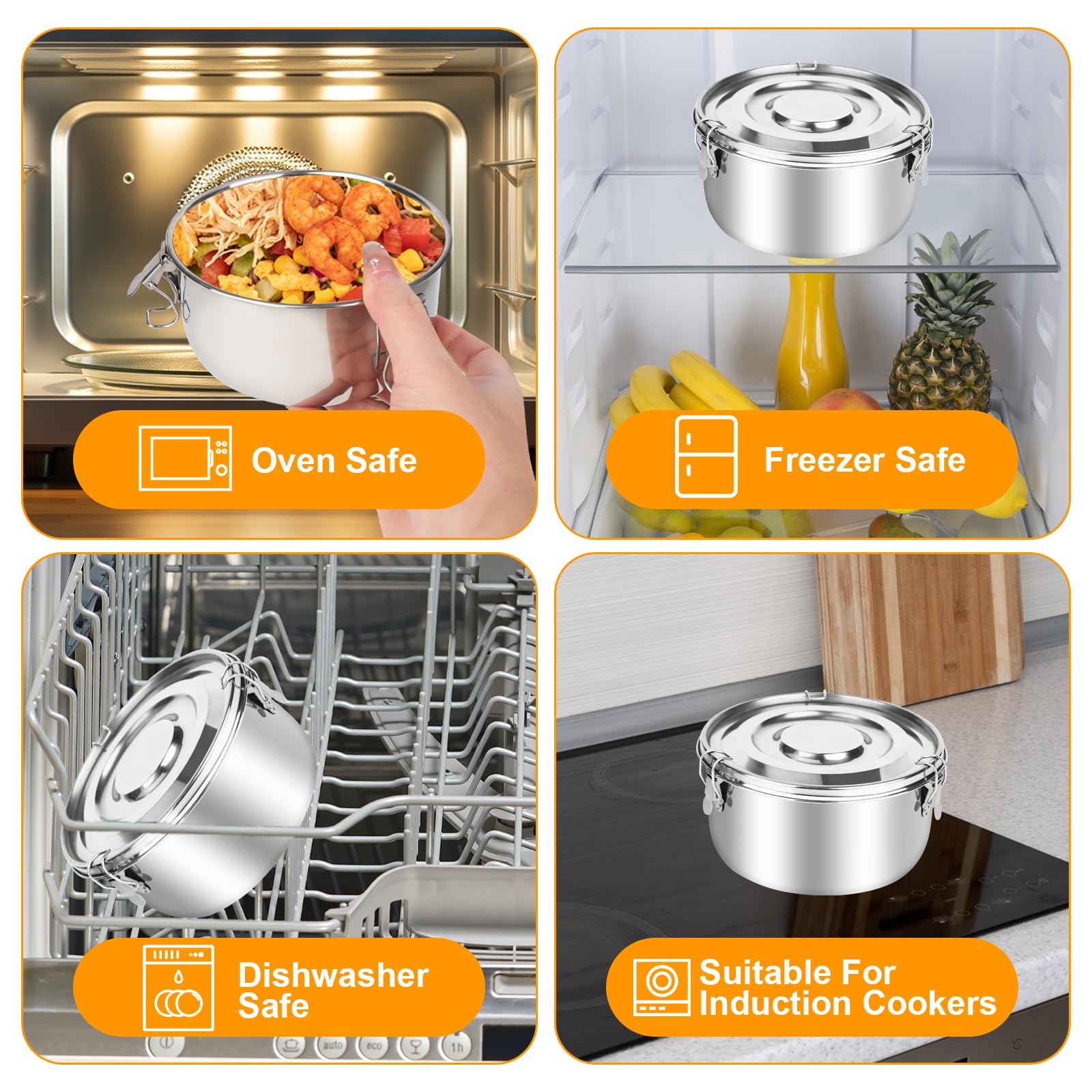 Contenitore in acciaio inox 304 per adulti e bambini, a prova di perdite, in acciaio inox, con coperchio per snack, frutta, cereali, zuppe (660/1040/1590 ml)