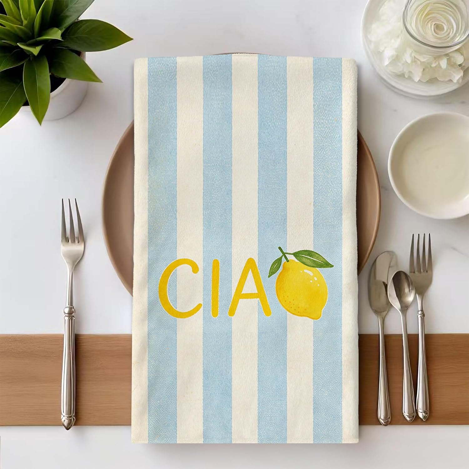 Italian Lemon Kitchen Towels - Lemon Gifts for Women, Summer Italian Gifts, Blue and White Striped Italians Ciao Hand Towels Dishcloth for Kitchen Bathroom Decorative, 16x24 Inch