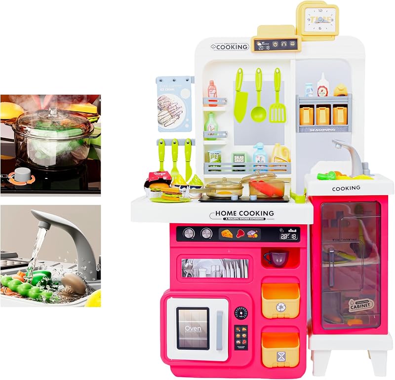 Cozinha de Brinquedo Super Chef, 82cm de Altura, com 68 Acessórios, Pia com Água, Sons e Luzes, Rosa e Branco