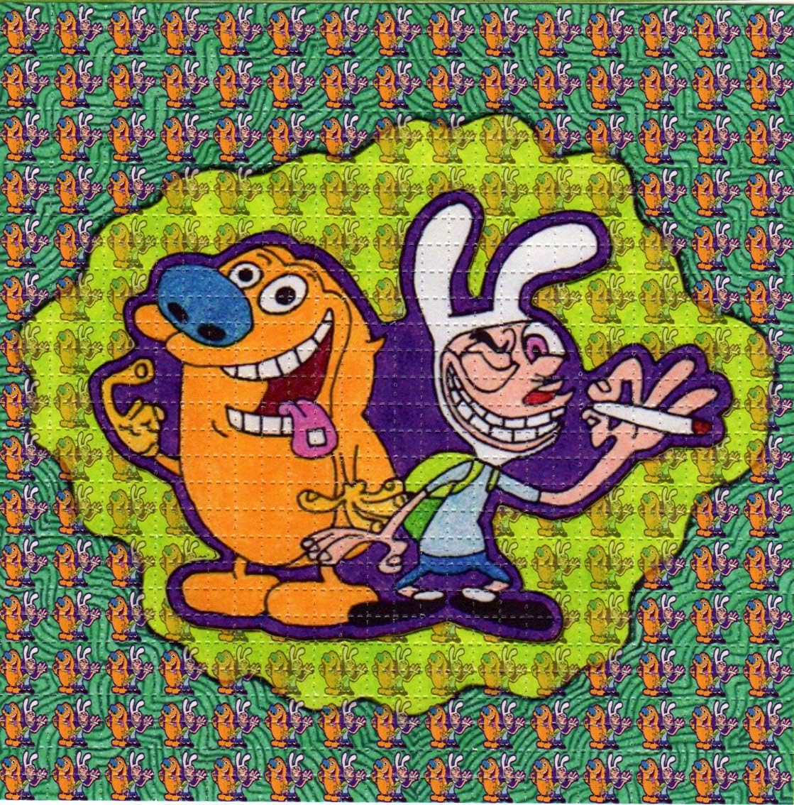 REN and STlMPY doing drugs BLOTTER ART psychedelic print perforated sheet, acid free lsd art paper 30x30, 900 tabs, 7.5 inch, in Clear Protective Sleeve