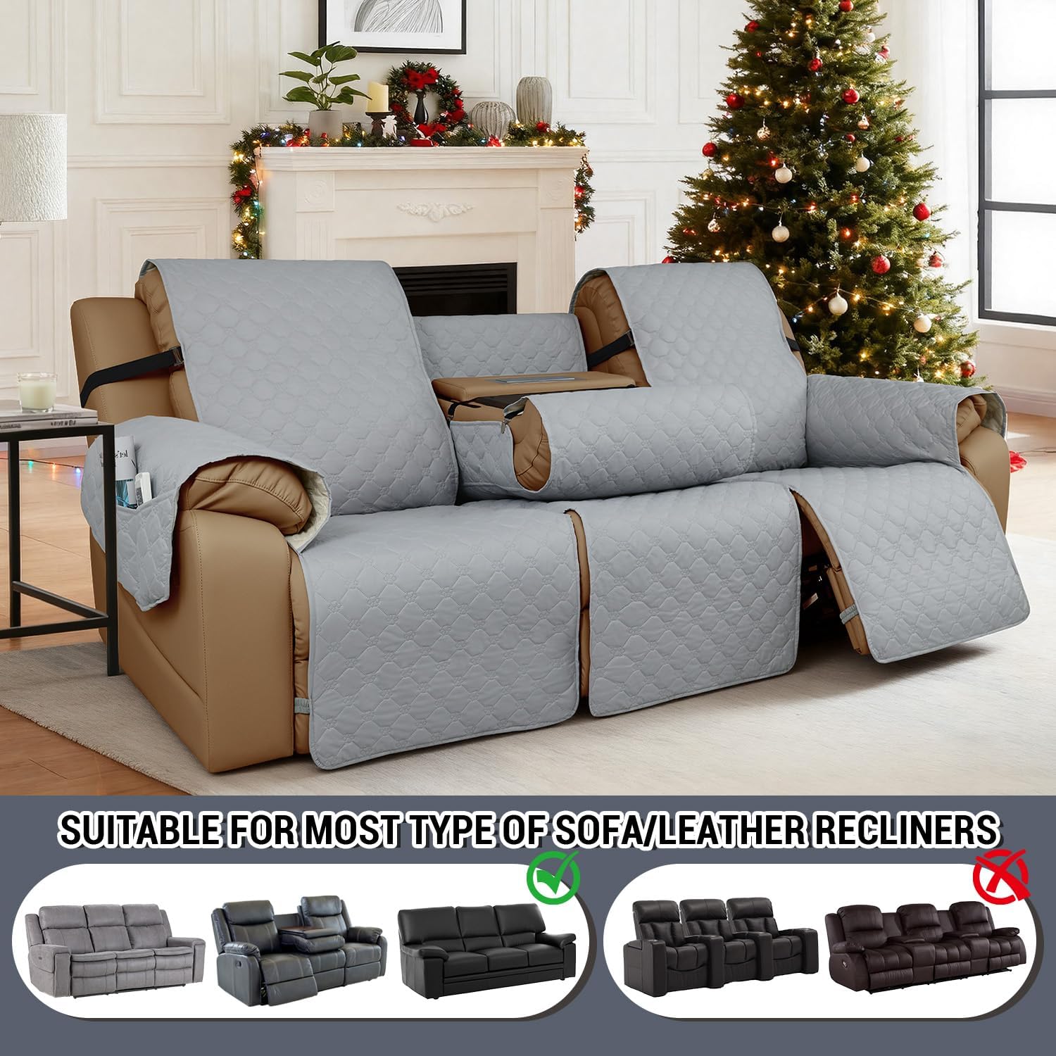 Waterproof Recliner Sofa Covers with Flipped Middle Backrest Washable Recliner Couch Covers Non-Slip with Elastic Straps Furniture Protector for Kid Dogs Pets (Light Grey)
