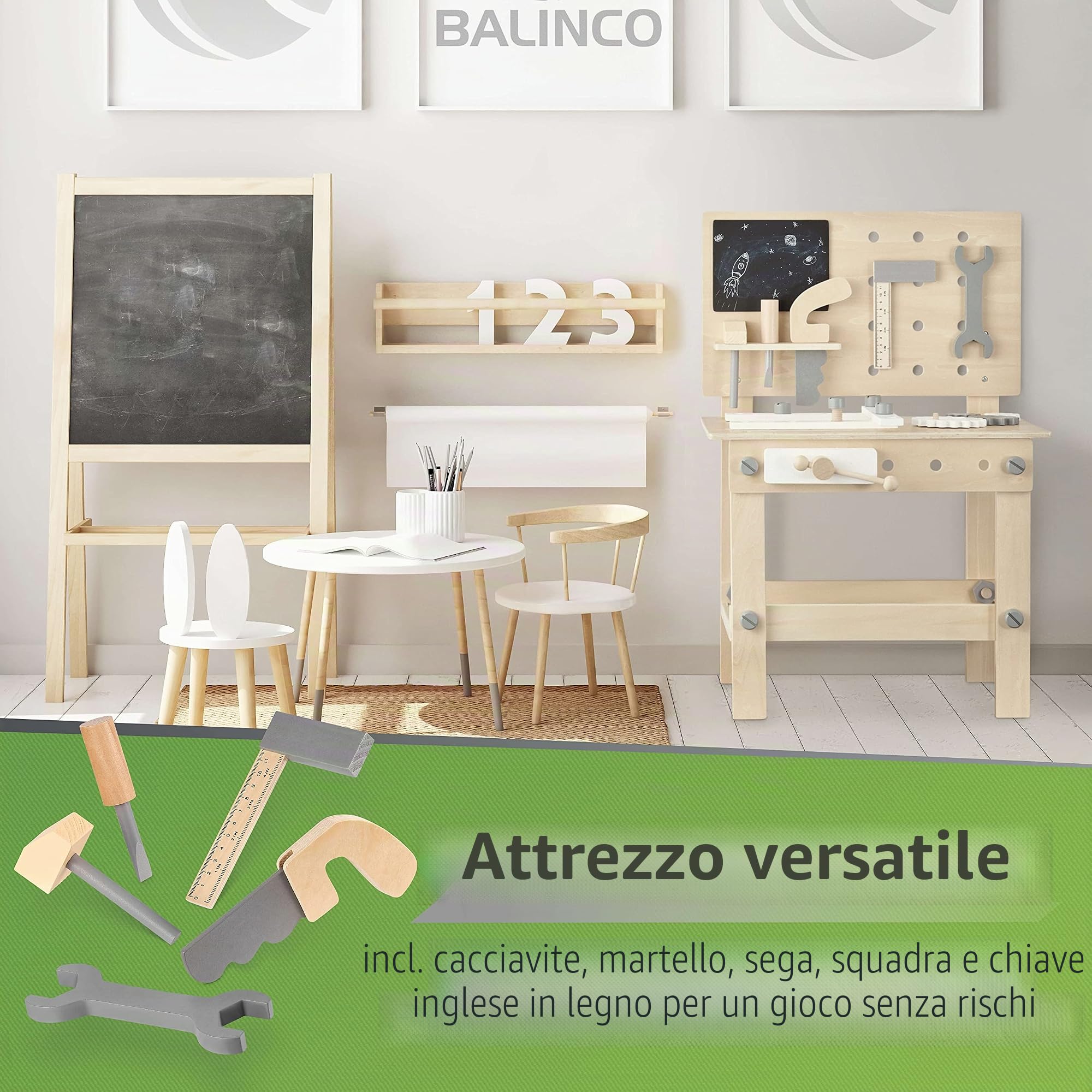 BALINCO Workbench Bambini in Legno, Laboratorio con Attrezzi per Bambini, Sega, Angolo, cacciavite, Ruote dentate, morsa, tavola, Accessori, Giocattoli in Legno a Partire da 3 Anni