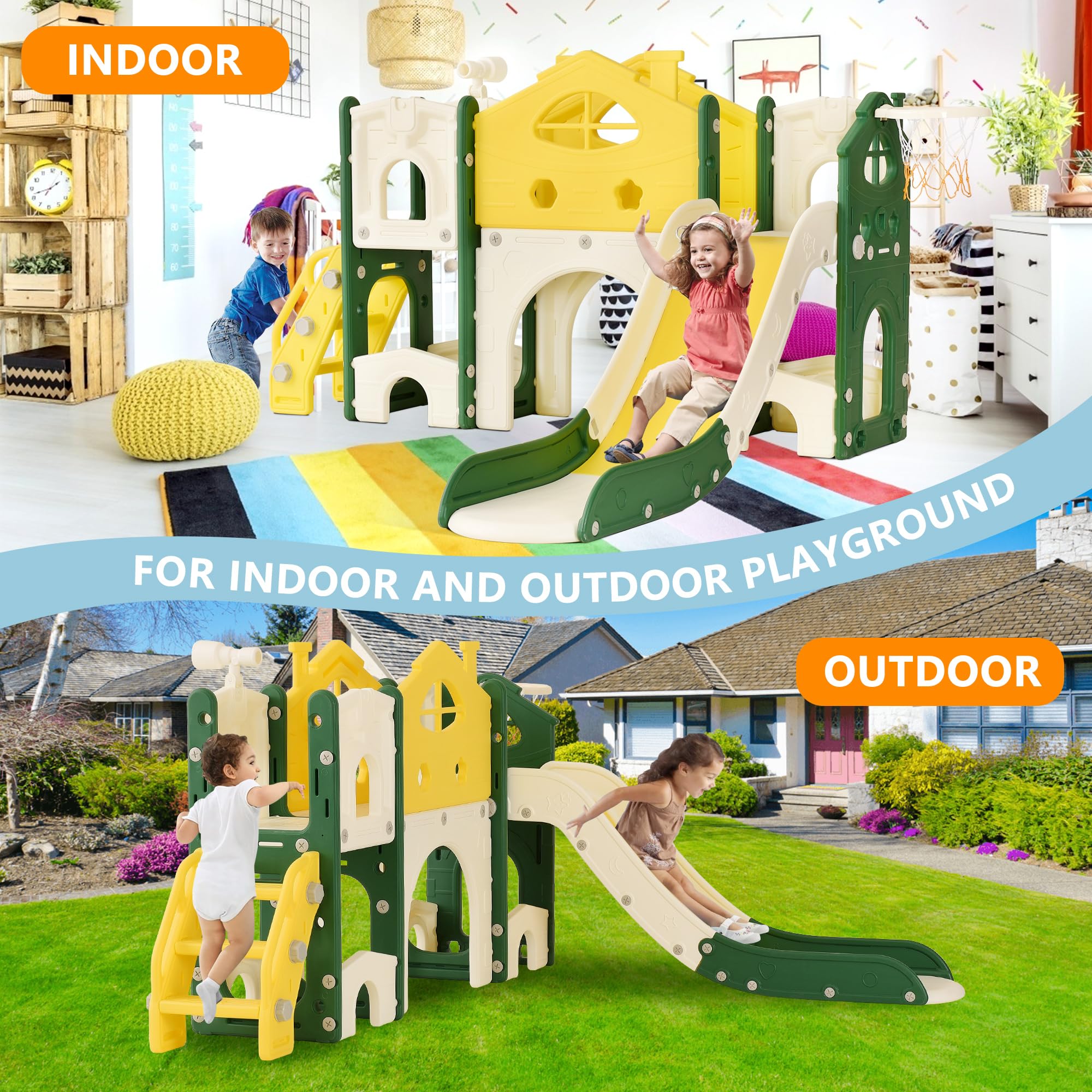 Kinder Rutsche, 7 in 1 Kinderrutsche mit Slide, Climber, Telescope, Small Window, Basketballkorb, Storage Space und Tunnel, Indoor-Kunststoffrutschenset, Montessori-Spielzeug für Den Spielplatz