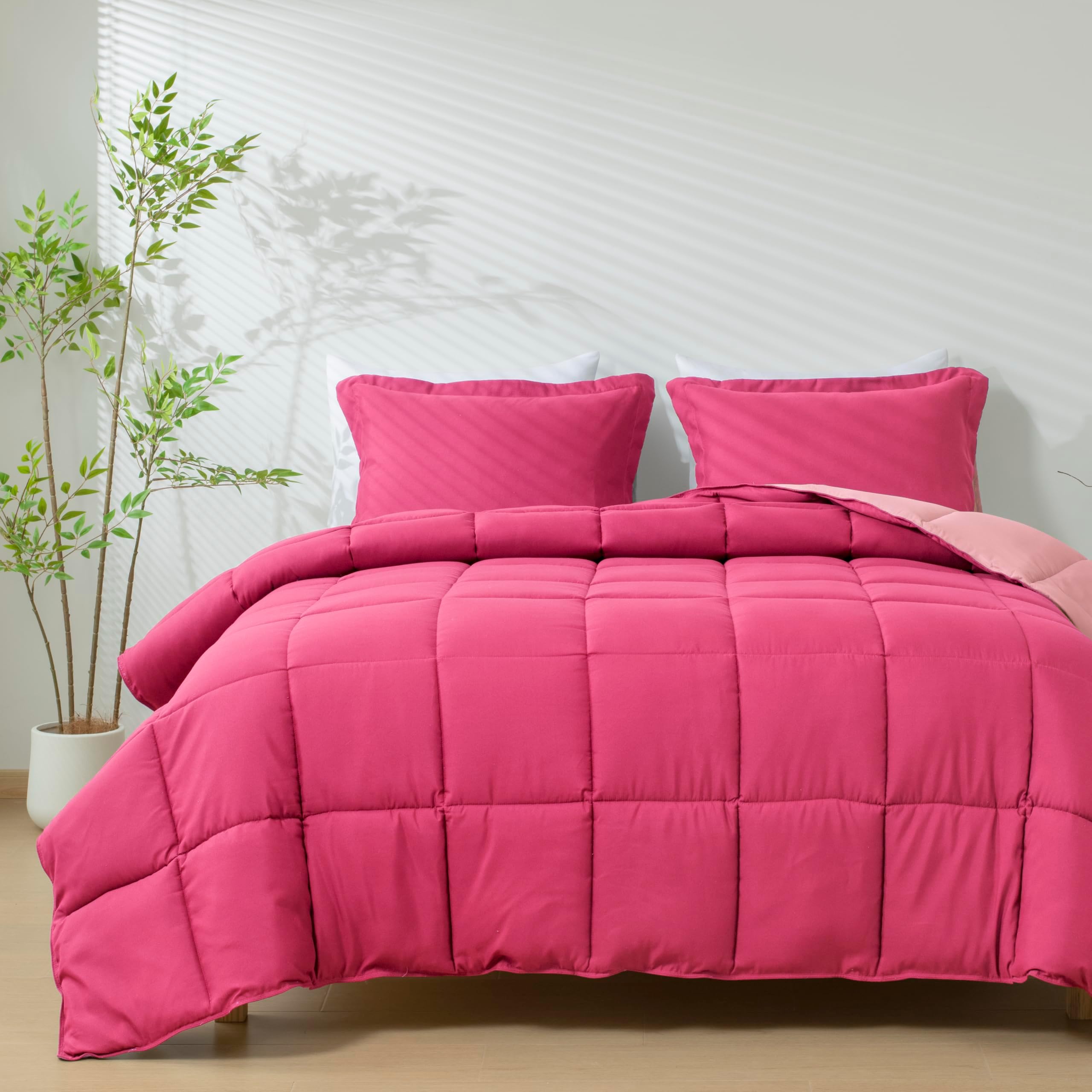 HIG 3pc Pink Queen Size Comforter Set - All Season Reversible Down Alternative Bedding Comforter Set - Quilted Duvet Insert with Corner Tabs - Box Stitched Blanket - Breathable, Soft, Fluffy