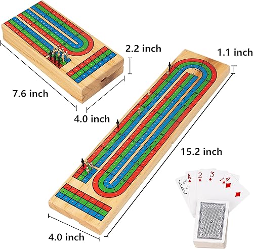 Miniatura 6 de FUNPENY Juego de mesa de madera tradicional, codificado por colores de 3 pistas con clavijas de metal y baraja de naipes