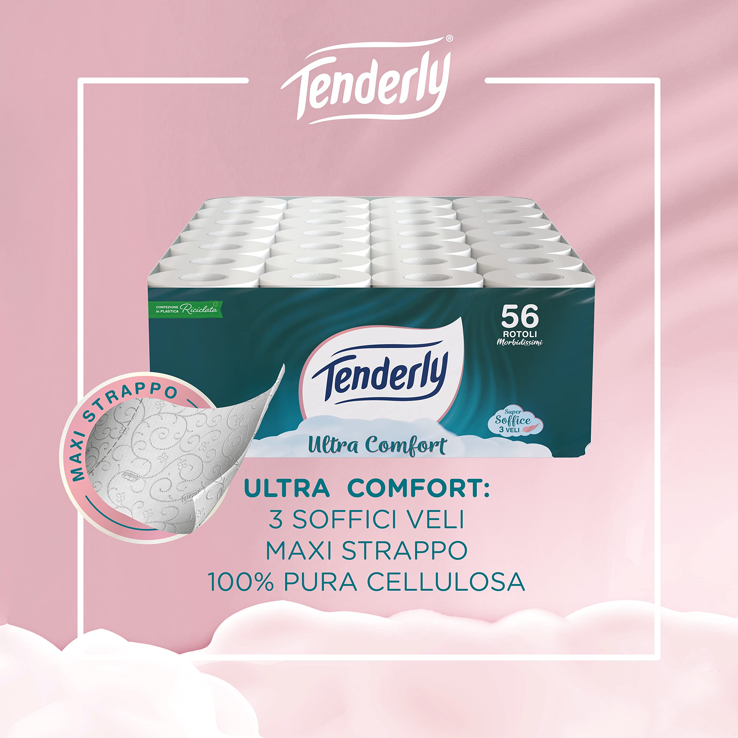 Tenderly Ultra Comfort, 56 rotoli di Carta Igienica Pura, 3 Veli, 200* Strappi per Rotolo, Delicata sulla Pelle, Dermatologicamente Testata