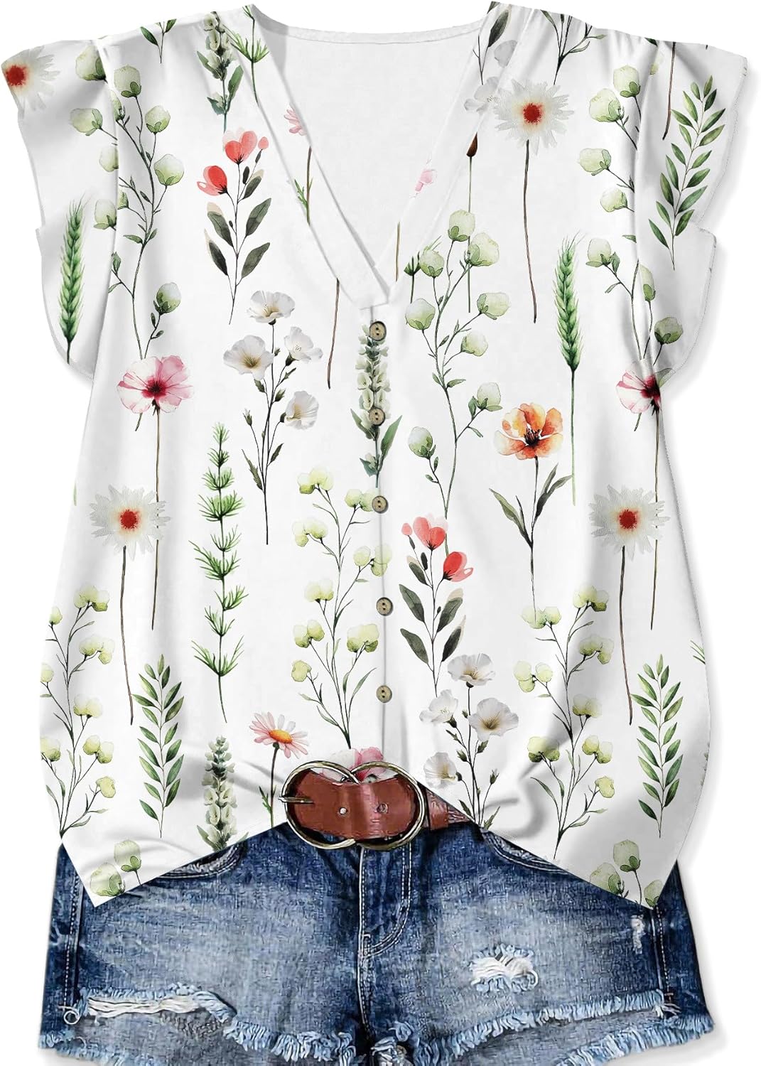 Womens Tops Dressy Casual Summer Floral V Neck T-Shirts Ruffle Short Sleeve Tunic Blouses