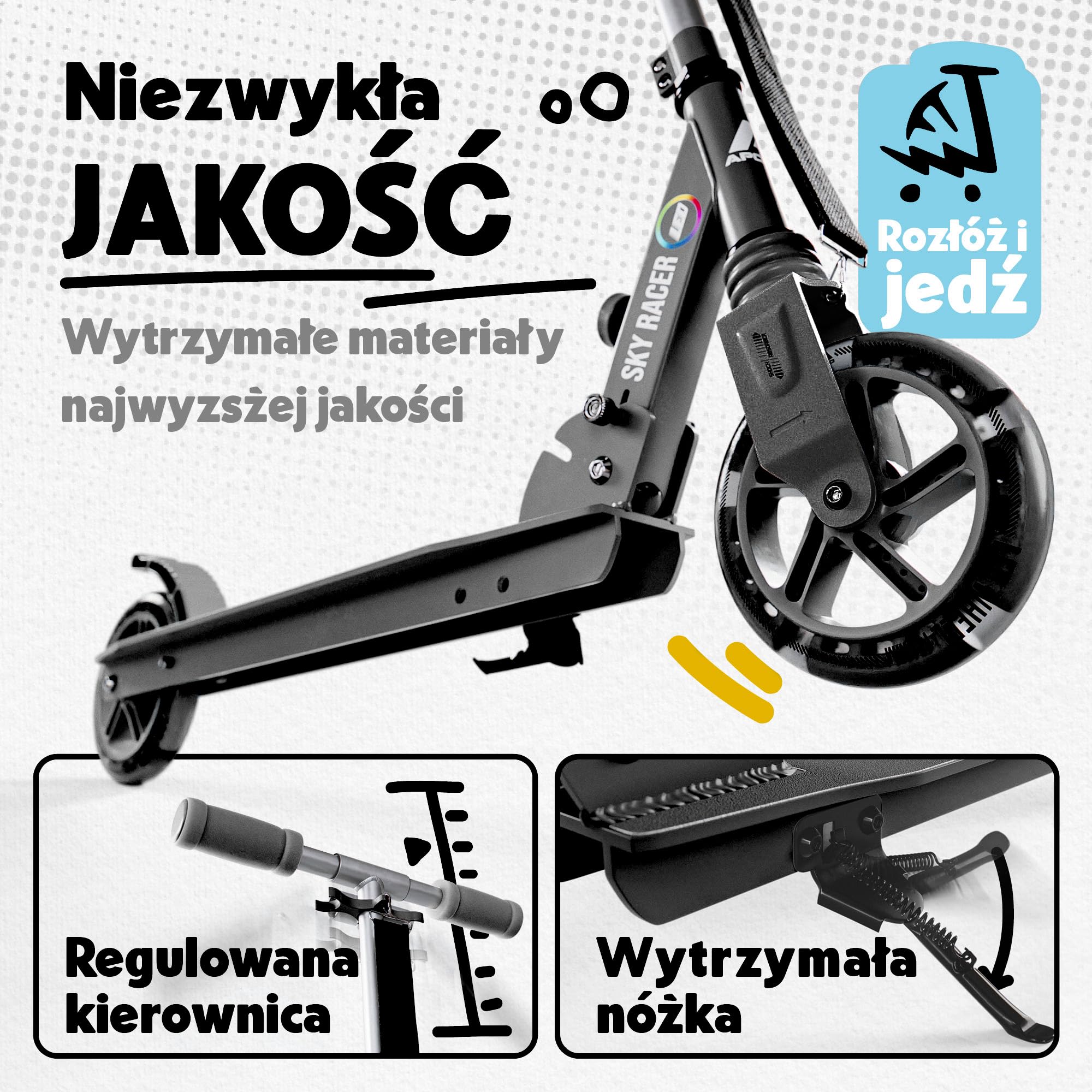 Apollo Skuter LED – skuter Skyracer z kółkami LED, 145 mm, miejski skuter ze zawieszeniem, składany i regulowany w wysokości – skuter dla dzieci i nastolatków