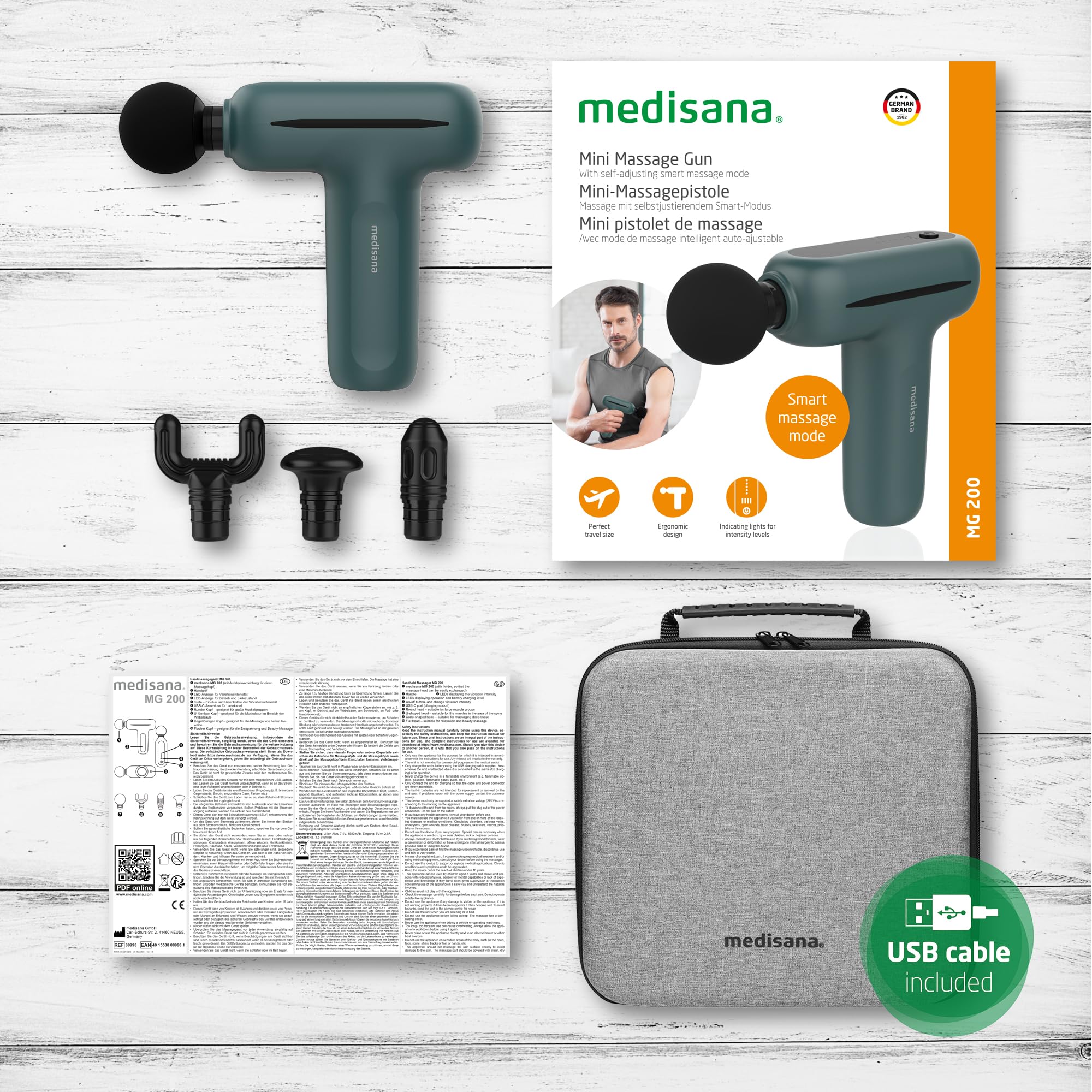 medisana MG 200 mini massage gun, pistola massaggio muscolare con 4 attacchi, massaggiatore con modalità intelligente e 5 intensità per relax, lunga durata della batteria, con scatola di custodia