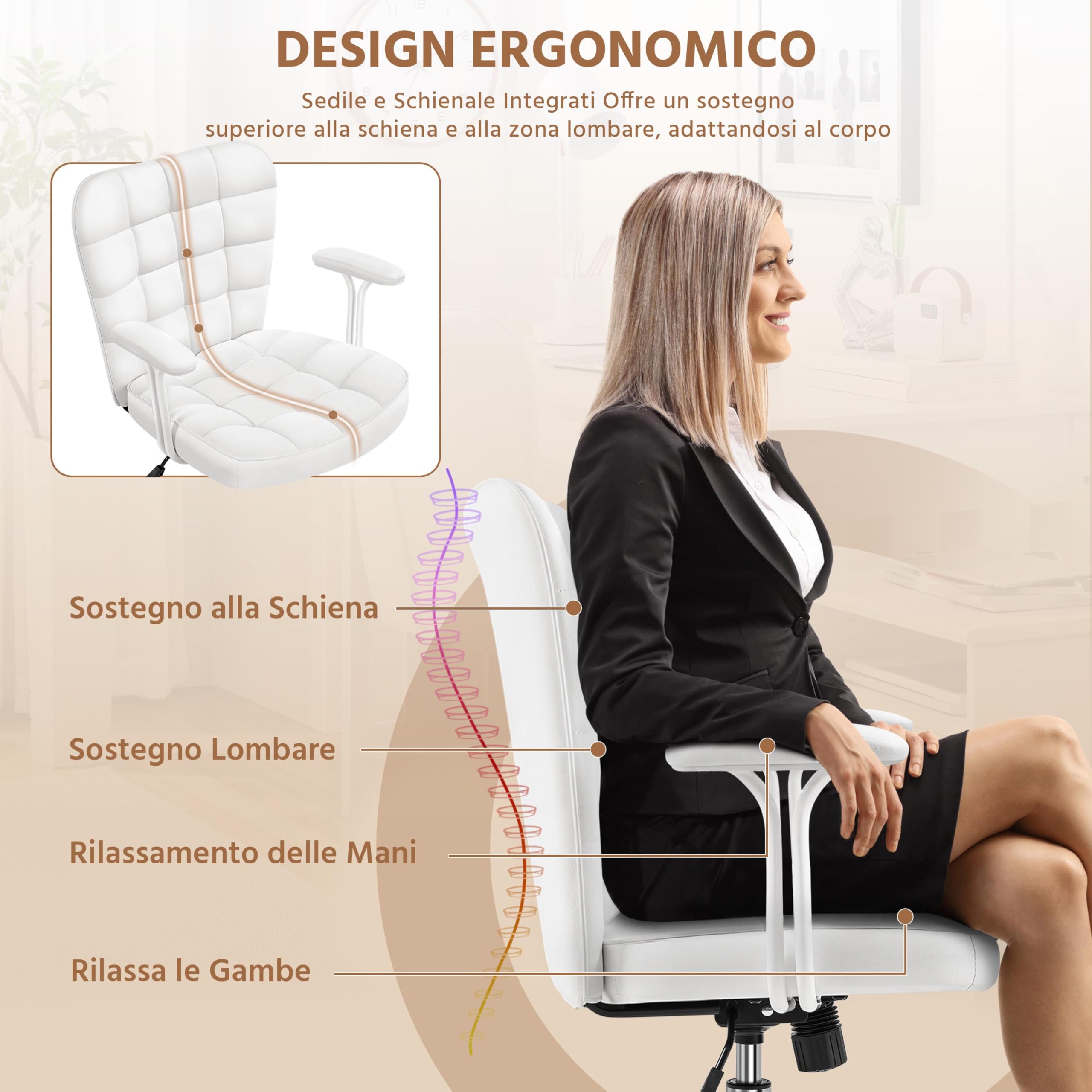 Yaheetech Sedia Ufficio Scrivania Cameretta in Finta Pelle con Braccioli | Altezza Regolabile, Funzione Dondolo, Girevole a 360°, Portata 136 KG, Bianco