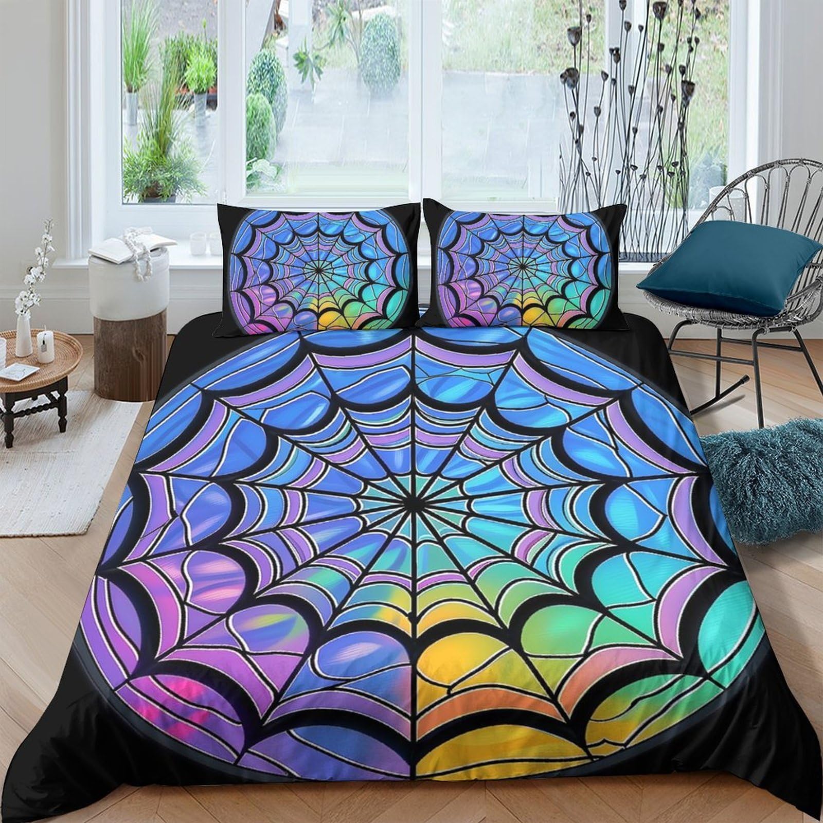 Ctjqhvkz Style-2 3D Printed Iridescent Spider Web Fitted Sheet Microfiber Vibrant Rainbow Mattress Cover For Bedroom Dorm Decor Single（135X200cm）