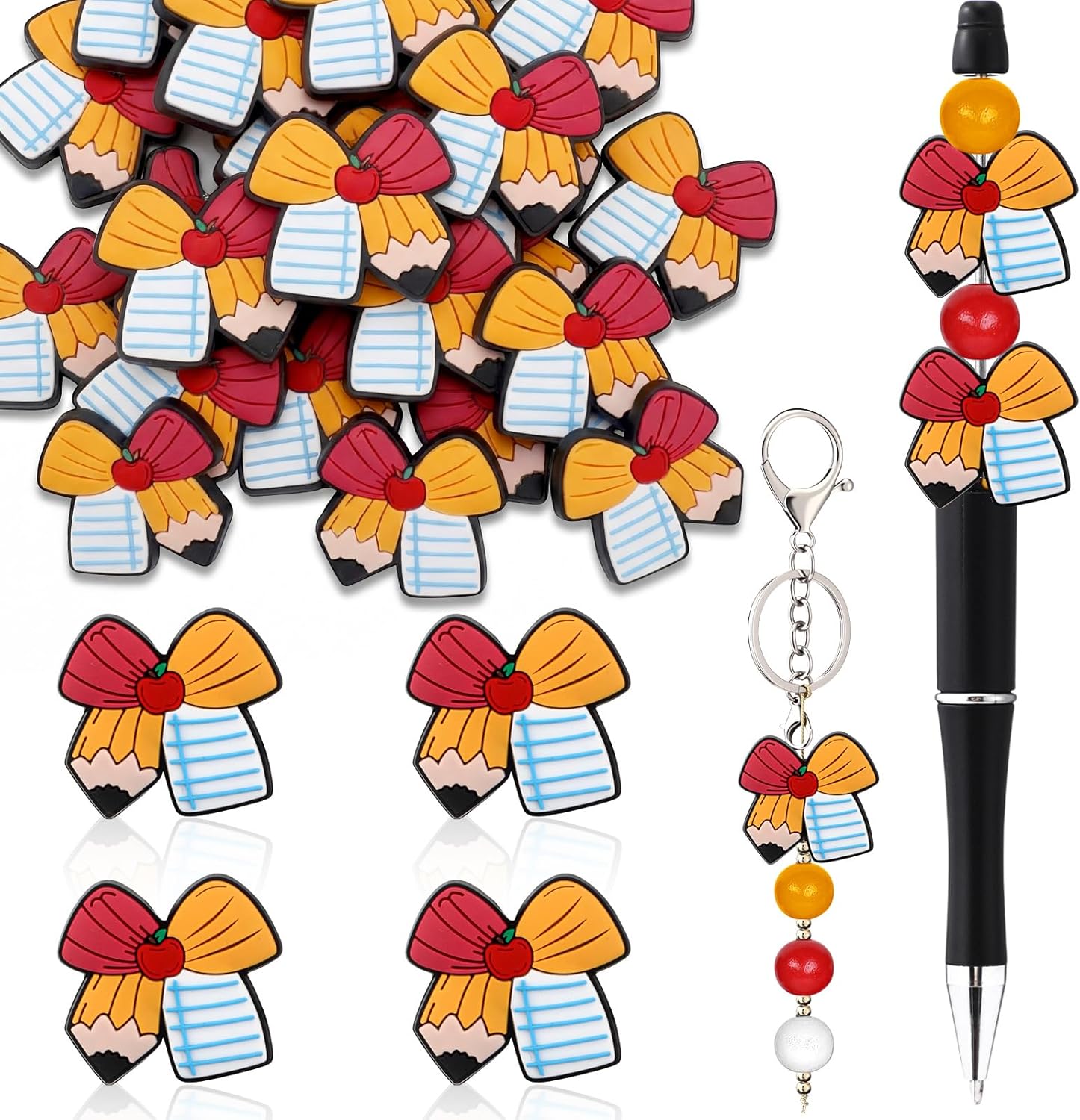 36 Pcs Teacher Focal Beads for Pens Teacher Appreciation Paraprofessional Day Gifts Bulk Pencil Bow Silicone Beads for Keychain Making DIY Bracelet Necklace Handmade Crafts