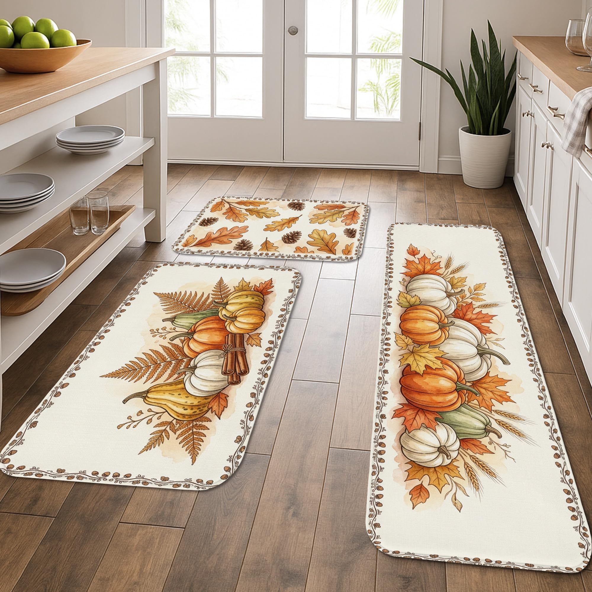 Tapis de cuisine lot de 3 anti-taches lavable doux motif citrouilles pour entrée et évier