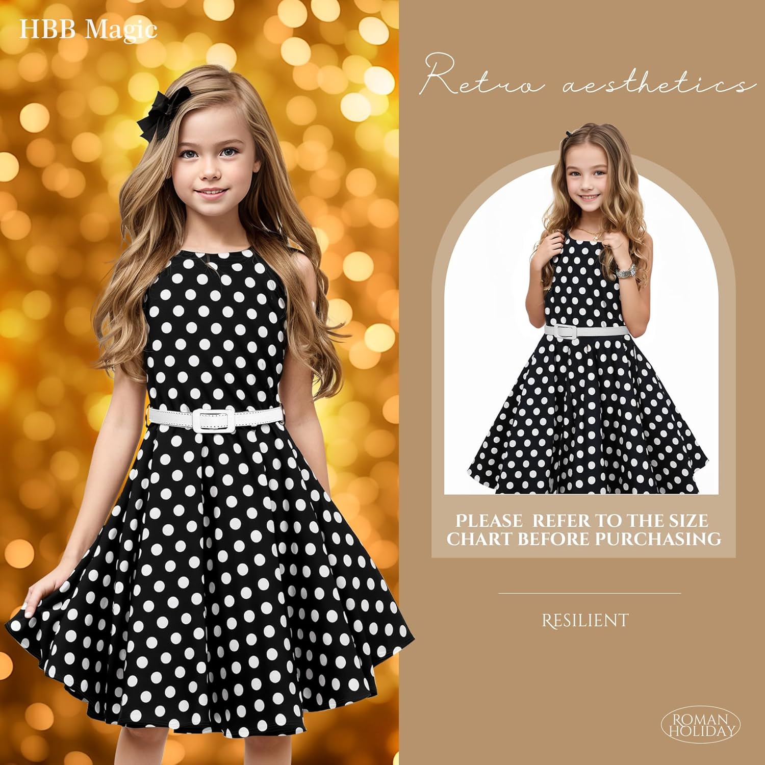 HB HBB MAGIC Girls Vintage Dress 50s Retro Twirling Special Occasion Dresses Size 6-14 Sleeveless Kids Dress