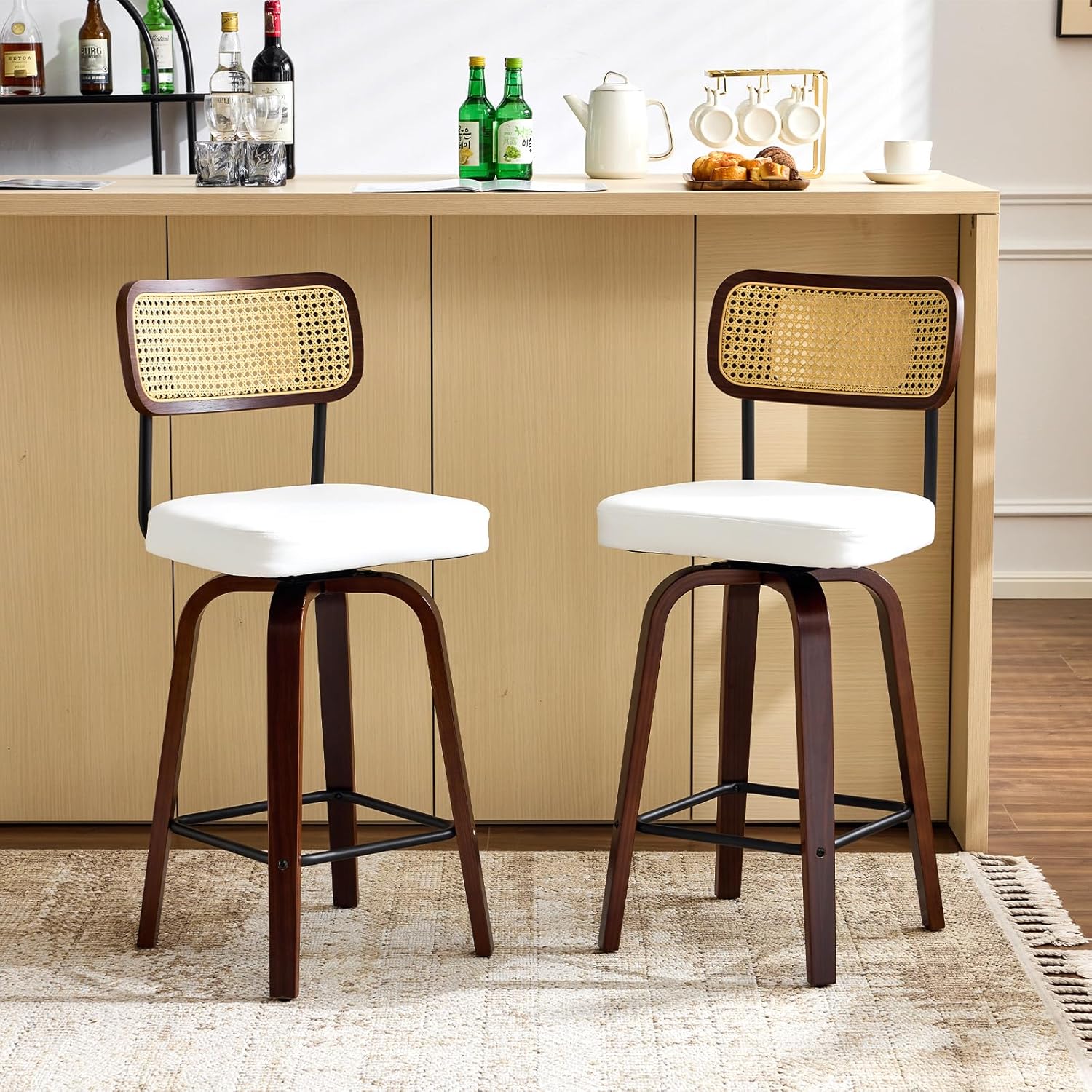 VINGLI Modern Bar Stool 26" H, PU Leather with Rattan Back, 360° Swivel, Solid Wood Legs Barstools for Kitchen Island & Home Bar, White 2 Pack