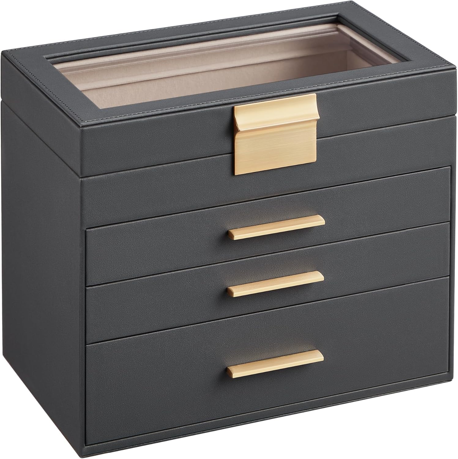 SONGMICS Jewelry Box Organizer with Glass Lid, 4-Layer Jewelry Storage, with 3 Drawers, Modern Style, 15.3 x 25.1 x 21.5 cm, Interstellar Gray and Gold Color UJBC161C01