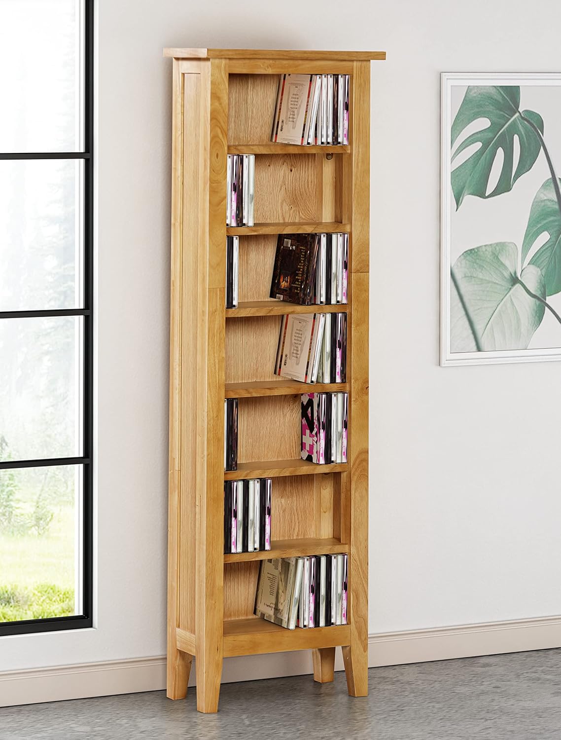 Hallowood Furniture Aston Oak Effect CD Storage Rack 200 CDs Shelving Tower Unit with 7