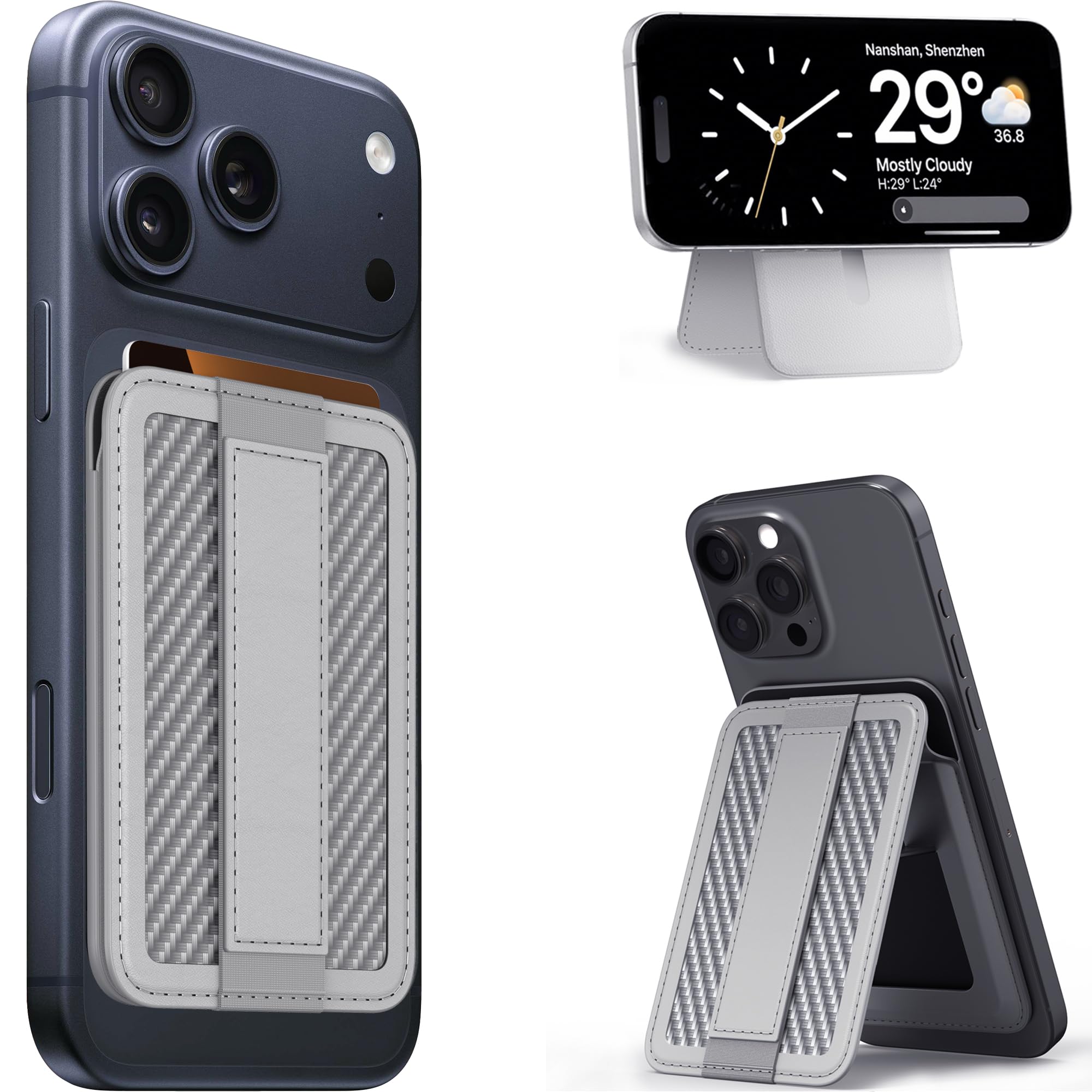 Magnetic Phone Wallet Holder with Stand - Carbon Fiber Card Holder, MagSafe Wallet for iPhone (12/13/14/15/16), Secure Finger Strap, Strong Magnets, Large Card Access Surface, Holds 3 Cards (Grey)-image-45