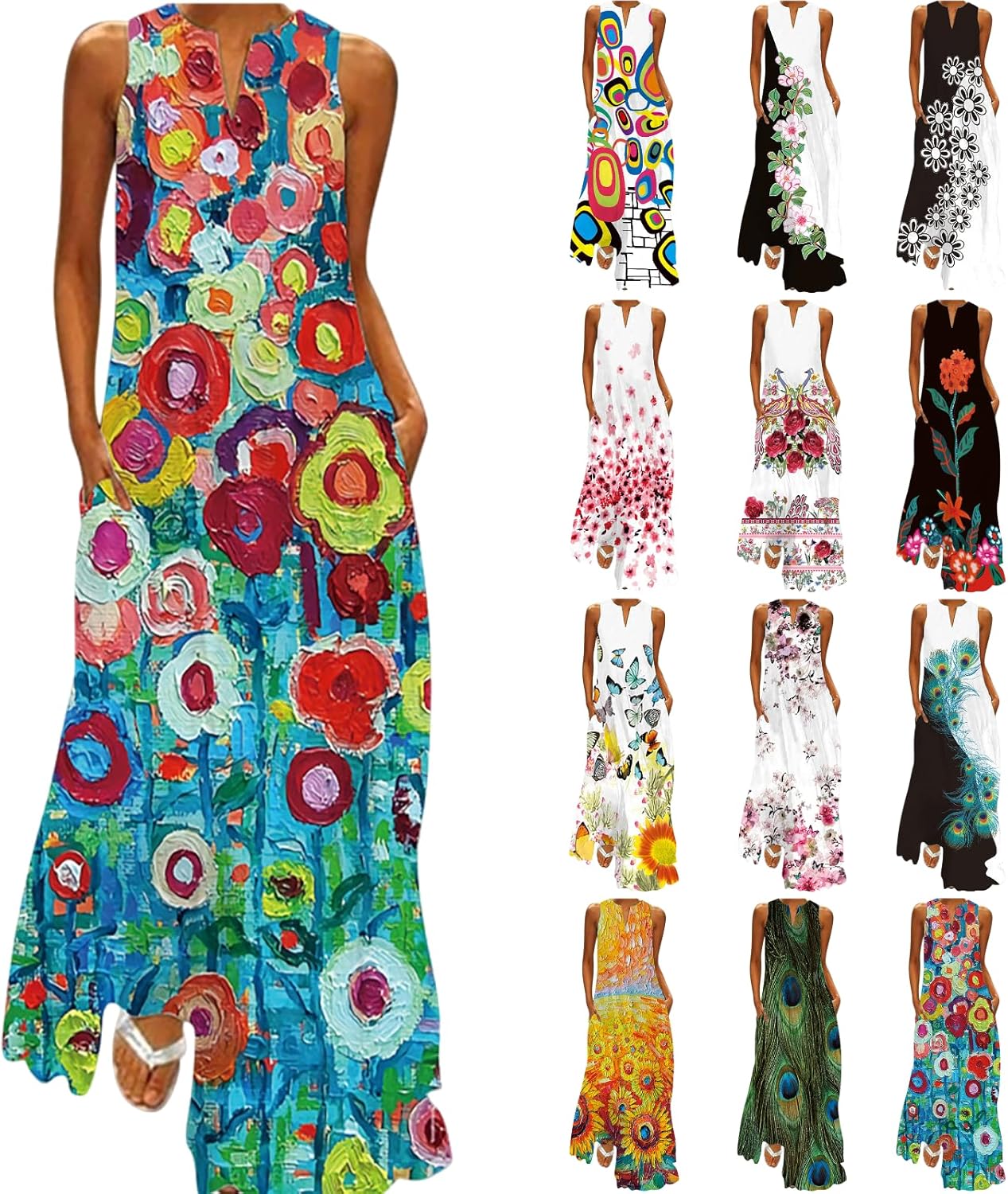 Summer Dresses for Women 2024 Vacation Trendy Dresses Floral Printed VNeck Long
