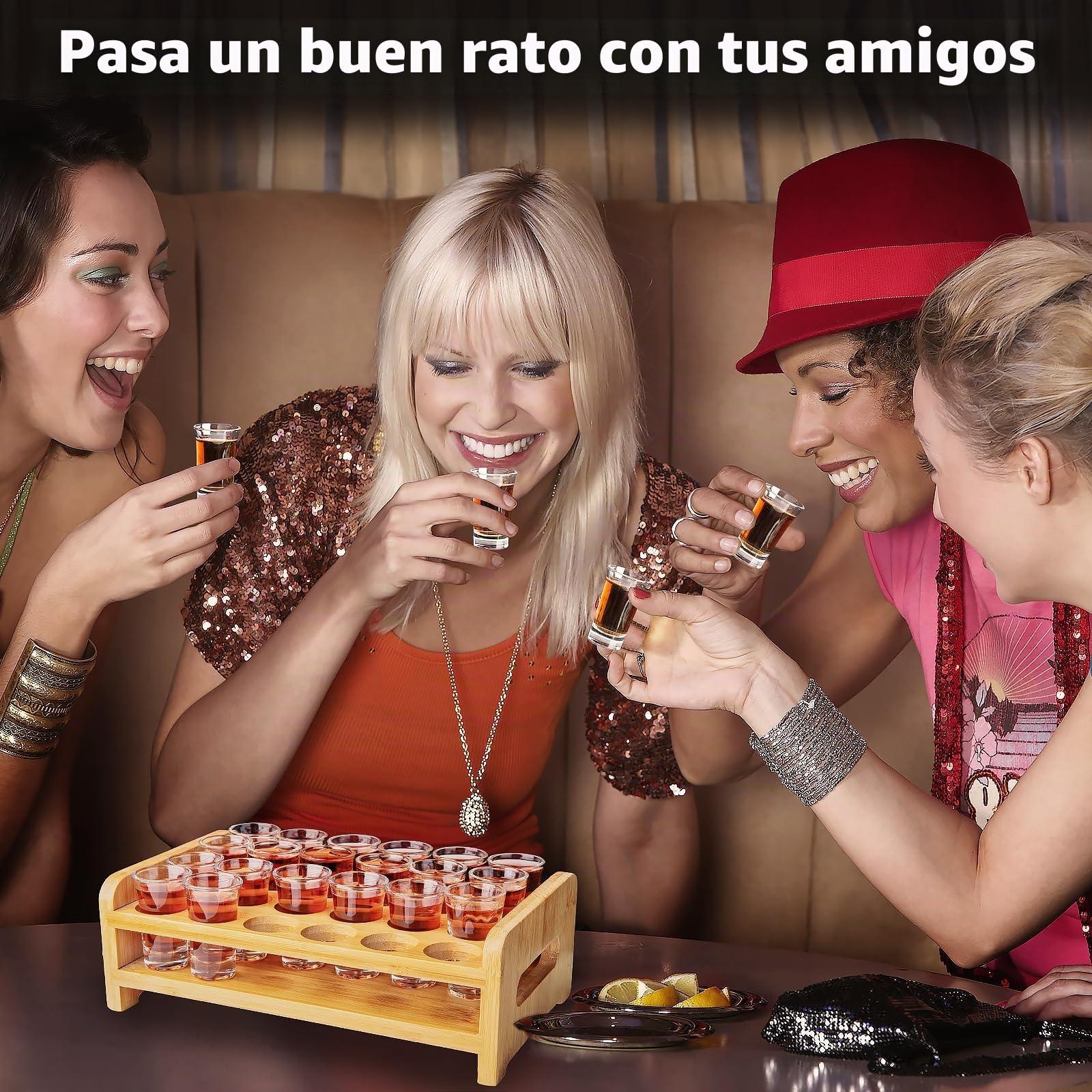 Juego de vasos de chupito, soporte de cóctel de madera y vaso de chupito, organizador de mesa de servir bebidas, 24 agujeros con transparente, 24 piezas de 15 ml -20ml para bebidas