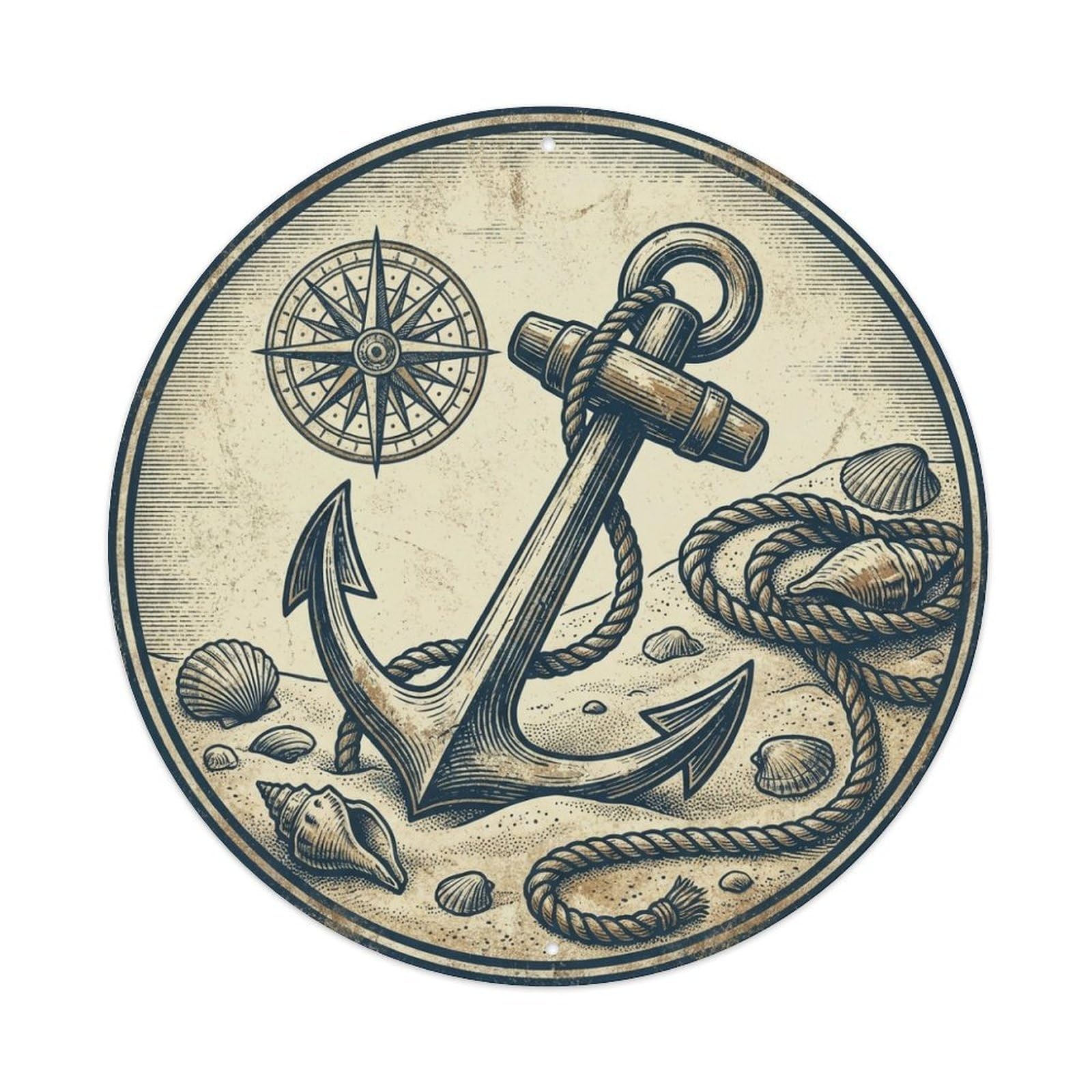 Anchor Compass Rope Seashells Pirate Nautical Emblem Metal Tin Sign