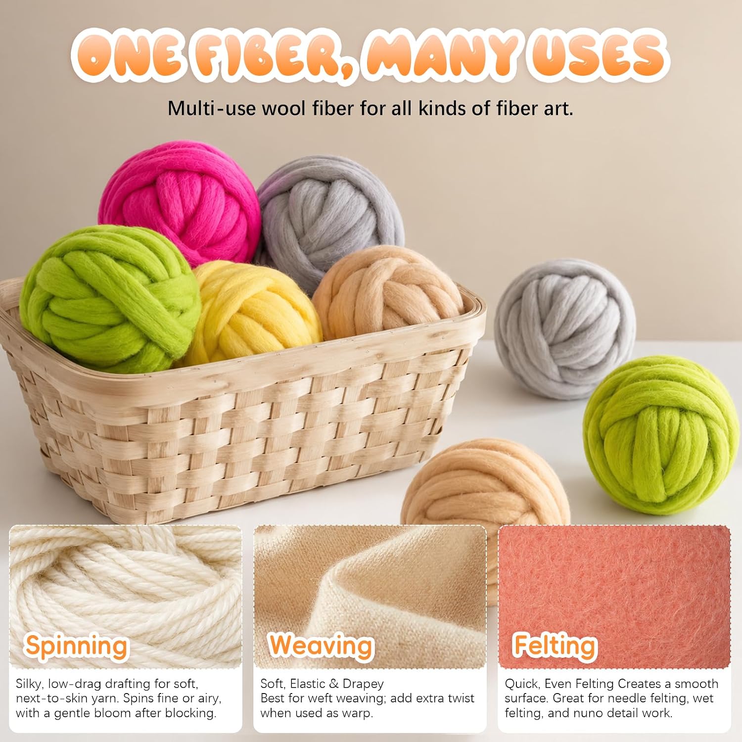 3.53oz(100g) Wool Roving: Needle Felting Wool White Roving Wool Felting Supplies Pure Wools Chunky Yarn Spinning Wool Roving for Needle Felting Wet DIY Hand Spinning(Orange)
