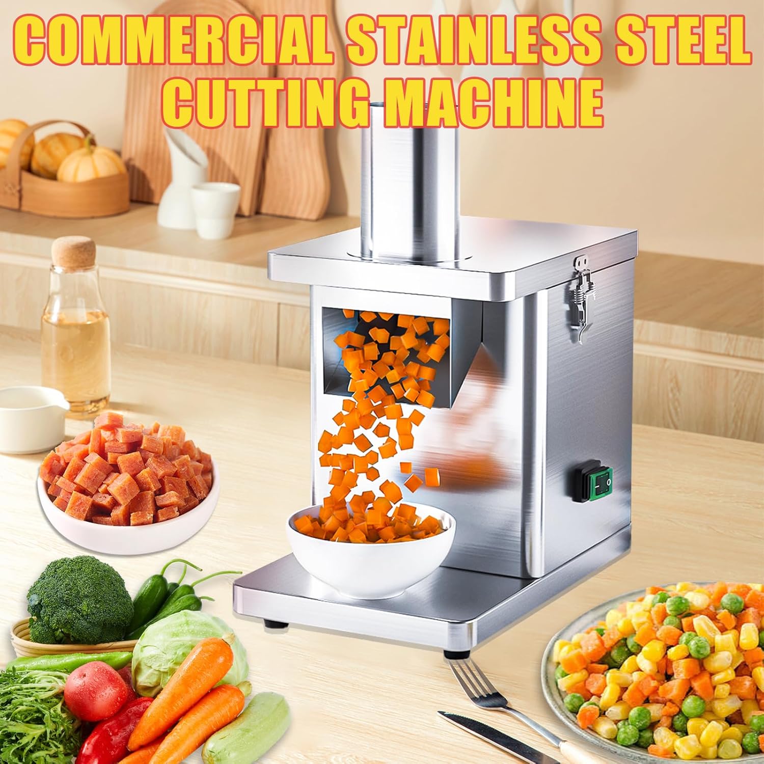 Electric Multifunctional Vegetable Dicer Slicer Shredder-Commercial&Home Use Automatic Potato Onion Carrot Chopper with Stainless Steel Blades (Machine+5*dice net)