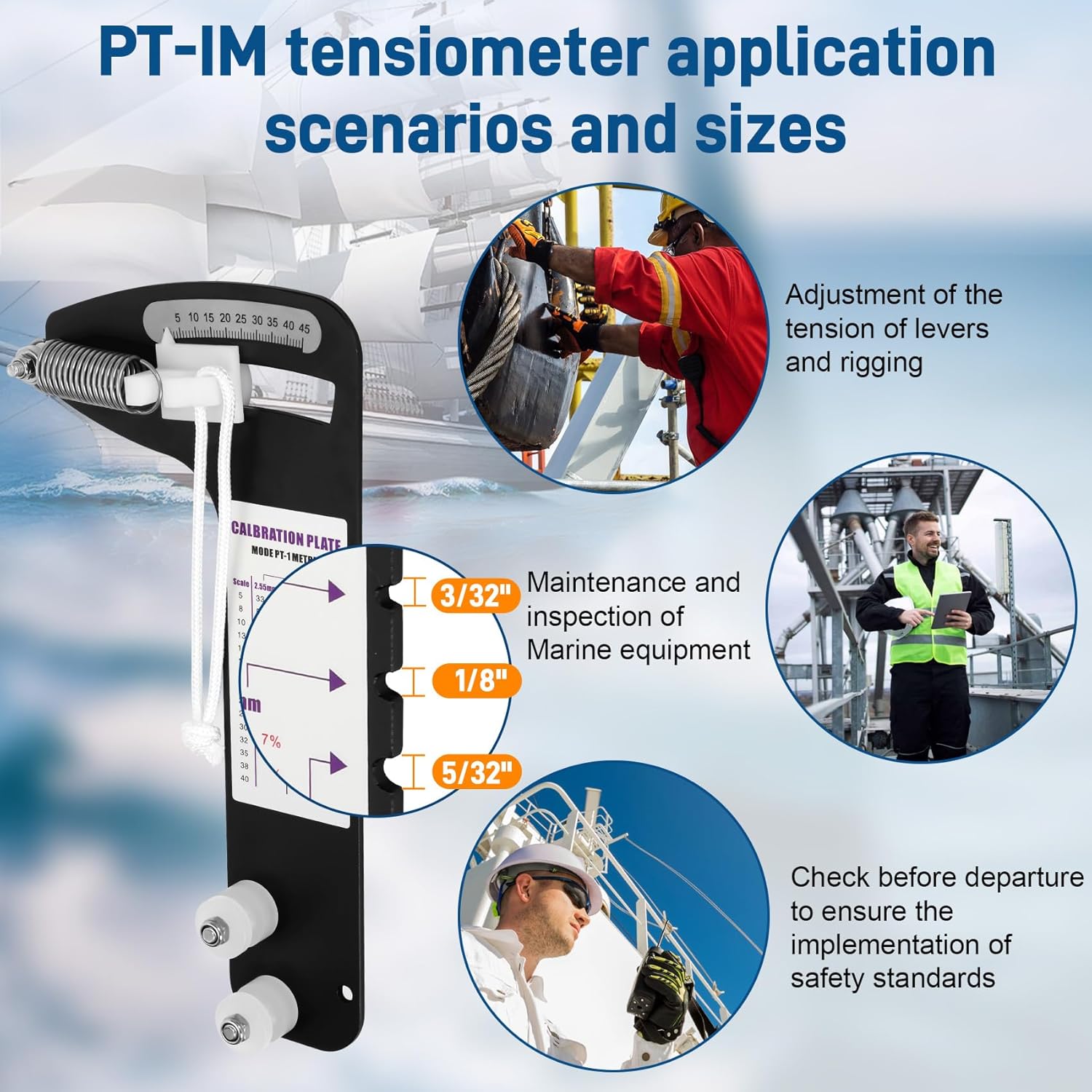 PT-1M Sailboat Rigging Tension Gauge, Professional Metric Precision Sailboat Rigging Tension Meter for Wire Rope & Standing Rigging, Accurately Tune 2.55-4mm Rigging Cables, Range 0-360kg (0-800 lbs)
