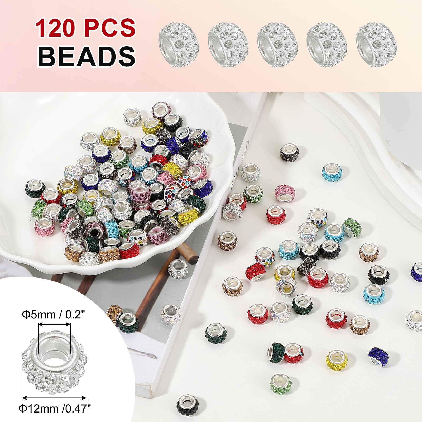 PATIKIL European Large Hole Beads, 120 Pcs White Rhinestone Sparkle Crystal Craft Beads for Pens Bracelet Making DIY Crafting - Image 2