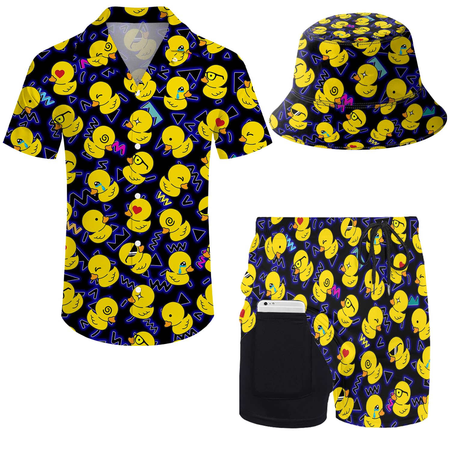 Conjunto de camisa y pantalones cortos hawaianos para hombre, conjunto de 2 piezas de los años 80 y 90 para hombre, traje de manga corta con botones y sombreros de pescador