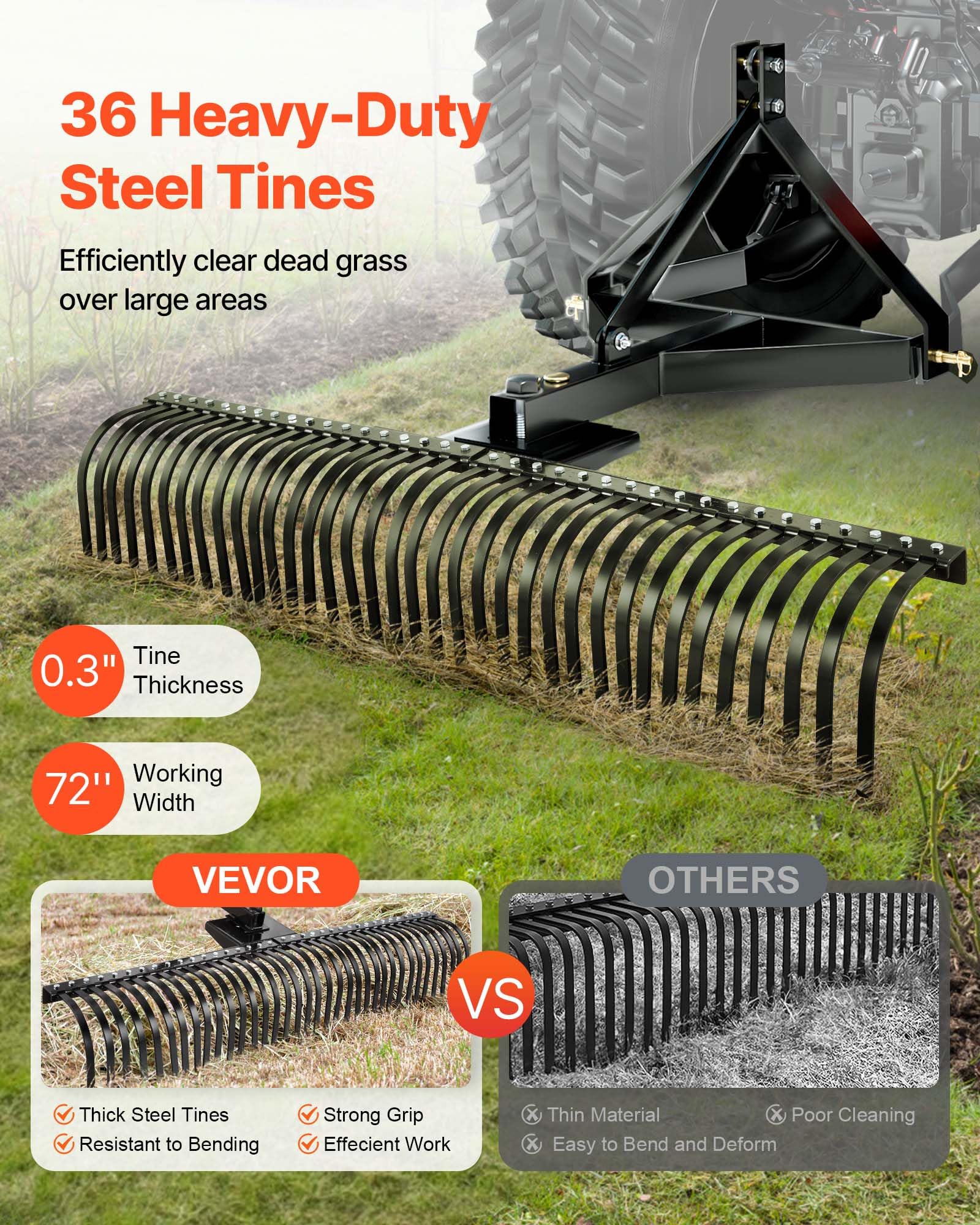 VEVOR Scarificateur Tracté 183 cm Râteau Scarificateur à Remorquer