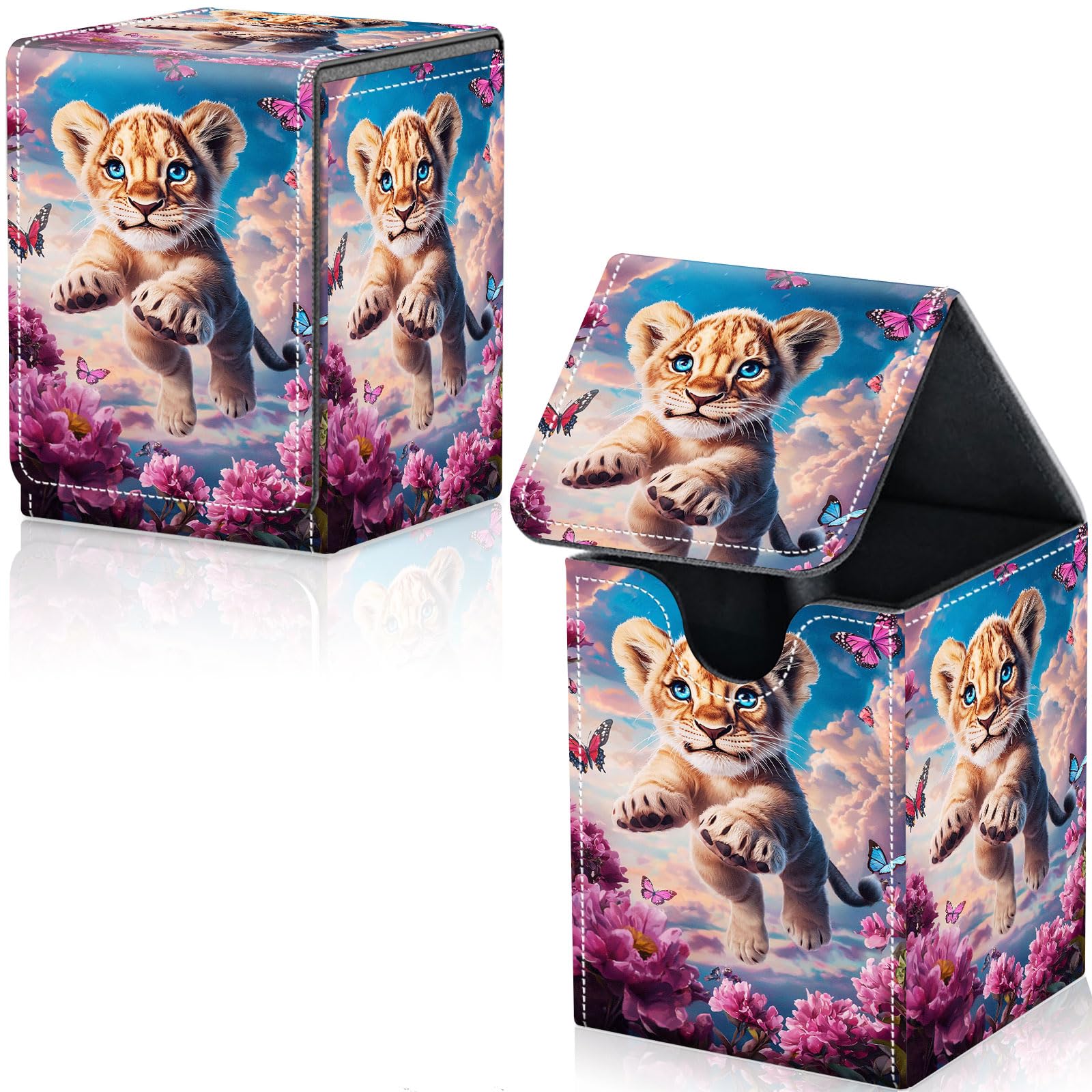 Qindaiwen Card Deck Box for Trading Cards, MTG Deck Box Fits 100+ Single Sleeved Cards, PU Leather Strong Magnet Card Deck Case Holder for Magic Commander TCG CCG, Cute Baby Lion