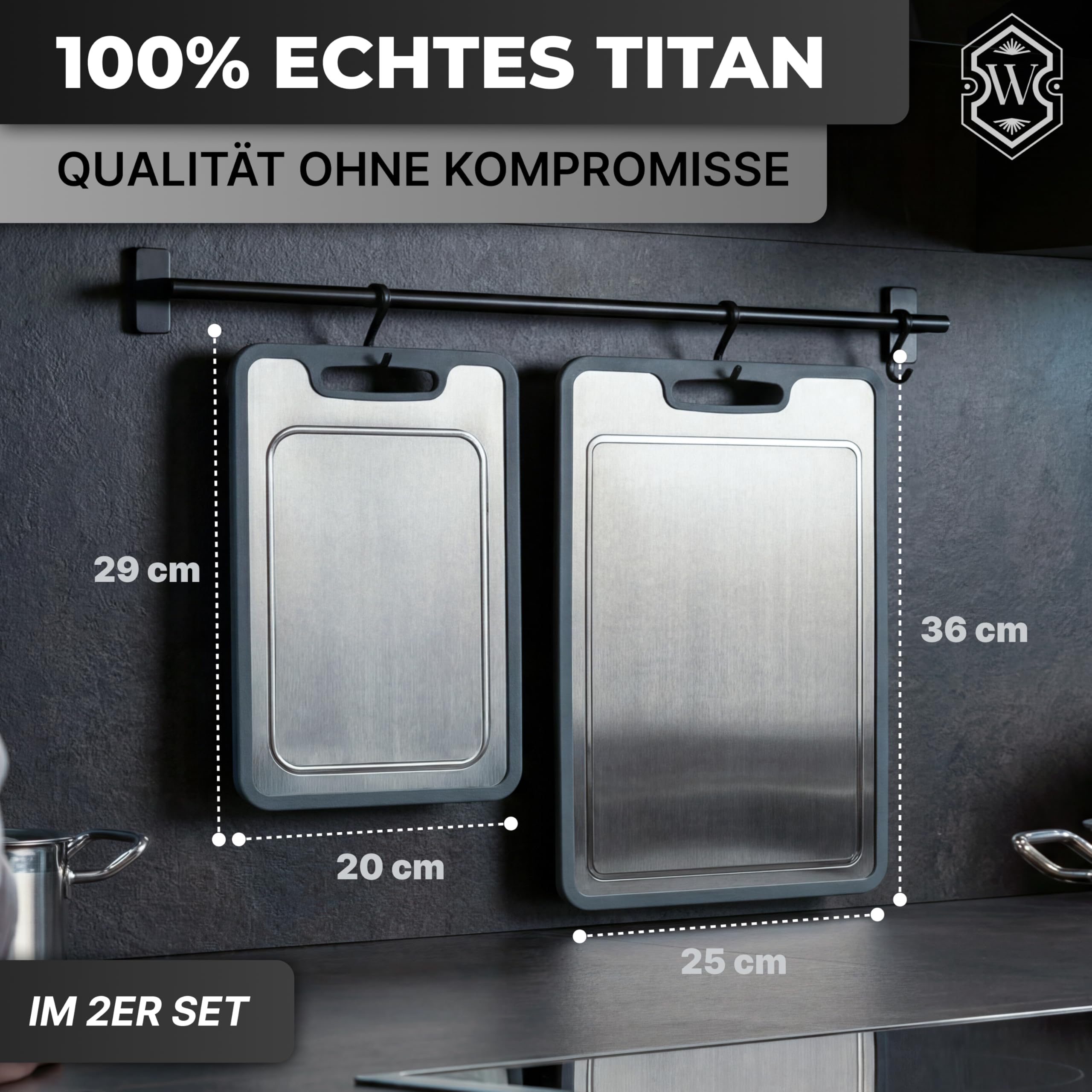 Titan Schneidebrett SET (2 Stück) – 100% Titan, rutschfeste Silikonkante, antibakteriell, kein Mikroplastik - Lebensmittelechte Küchenbretter 36 × 25cm & 29 × 20cm – Langlebig & hygienisch