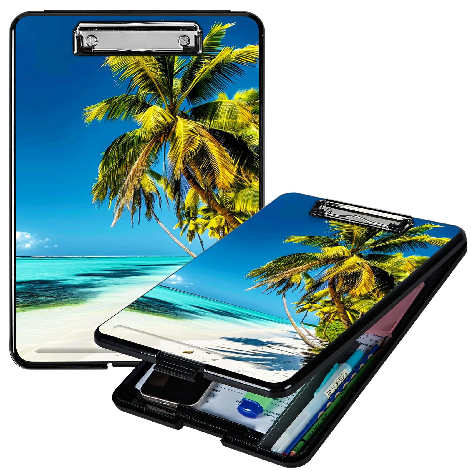 RWUTYTIUL Blue Beach Palm Tree A4 Clipboard with Storage Pen Holder, Clipboards Organizer Nursing Clipboard Foldable File Folder Plastic Clipboard Folio Clip Board for Office Students Classroom — image 1