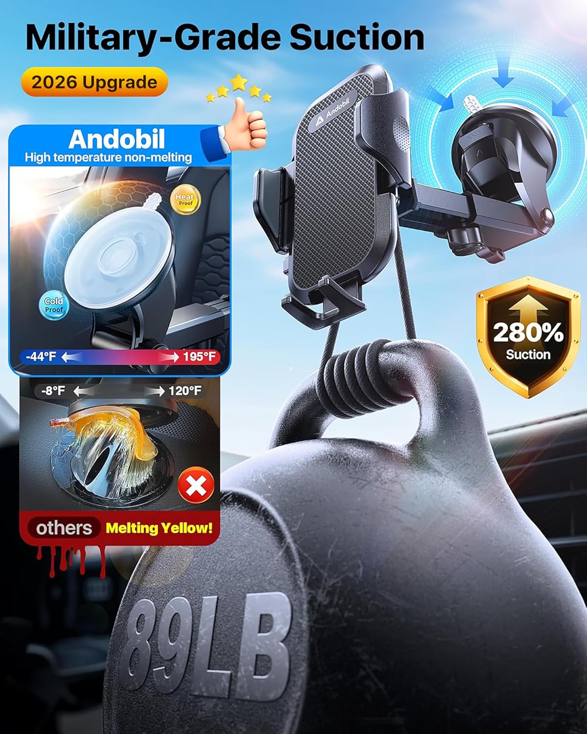 andobil 2026 Military-Grade Car Phone Holder [Upgraded Strongest Suction & Clip] Phone Holders for Your Car, Dashboard Windshield Vent Car Phone Mount for iPhone 17 Pro Max 16 15 14 13 12 Android