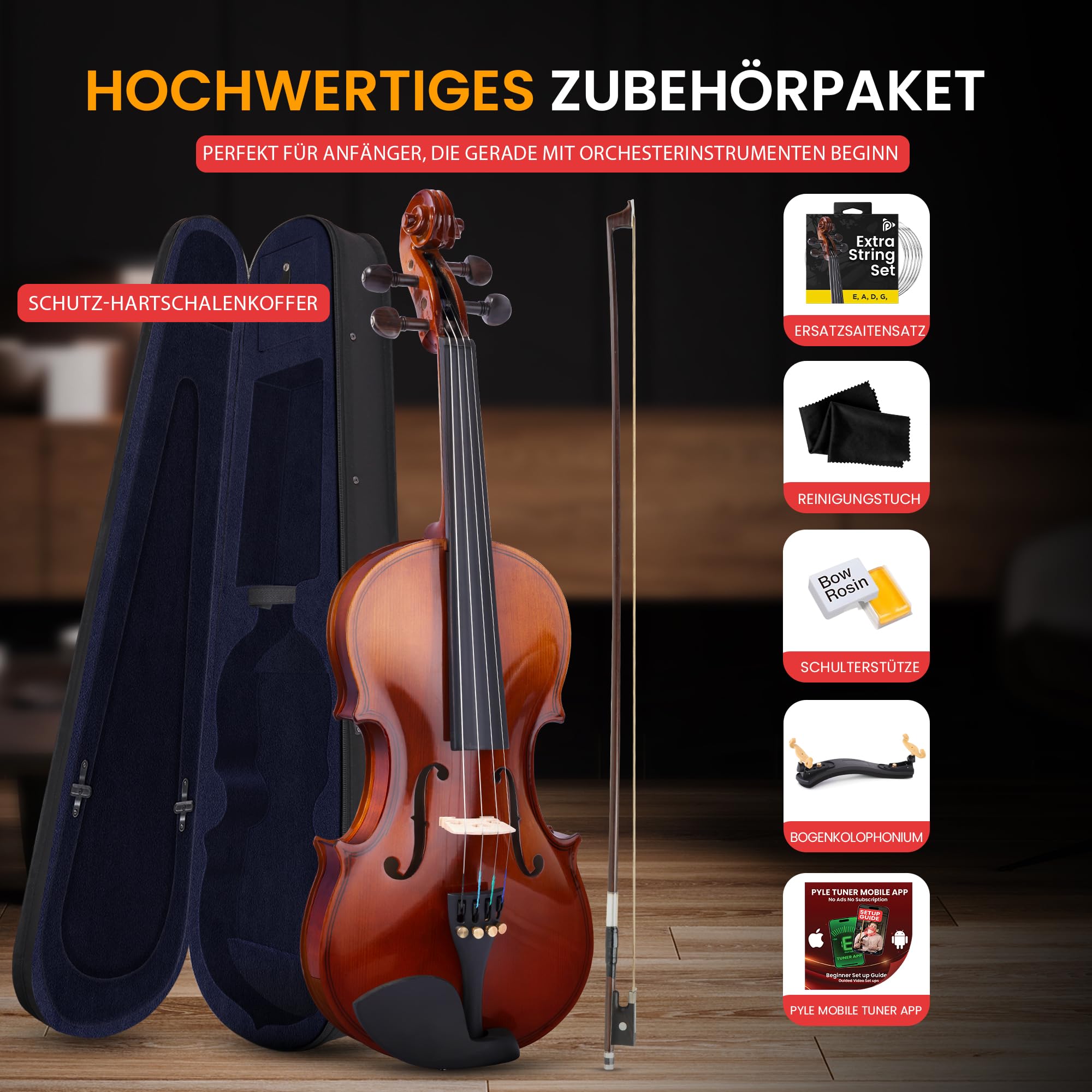 Pyle Violine Set Größe 1/4 – Leichtes Streichinstrument mit hochwertigem Holzfurnier – Geige mit Zubehör inkl. Geigenkoffer, Kolophonium, Violine Stimmgerät, Ersatzsaiten & Bogen – für Kinder ab 5