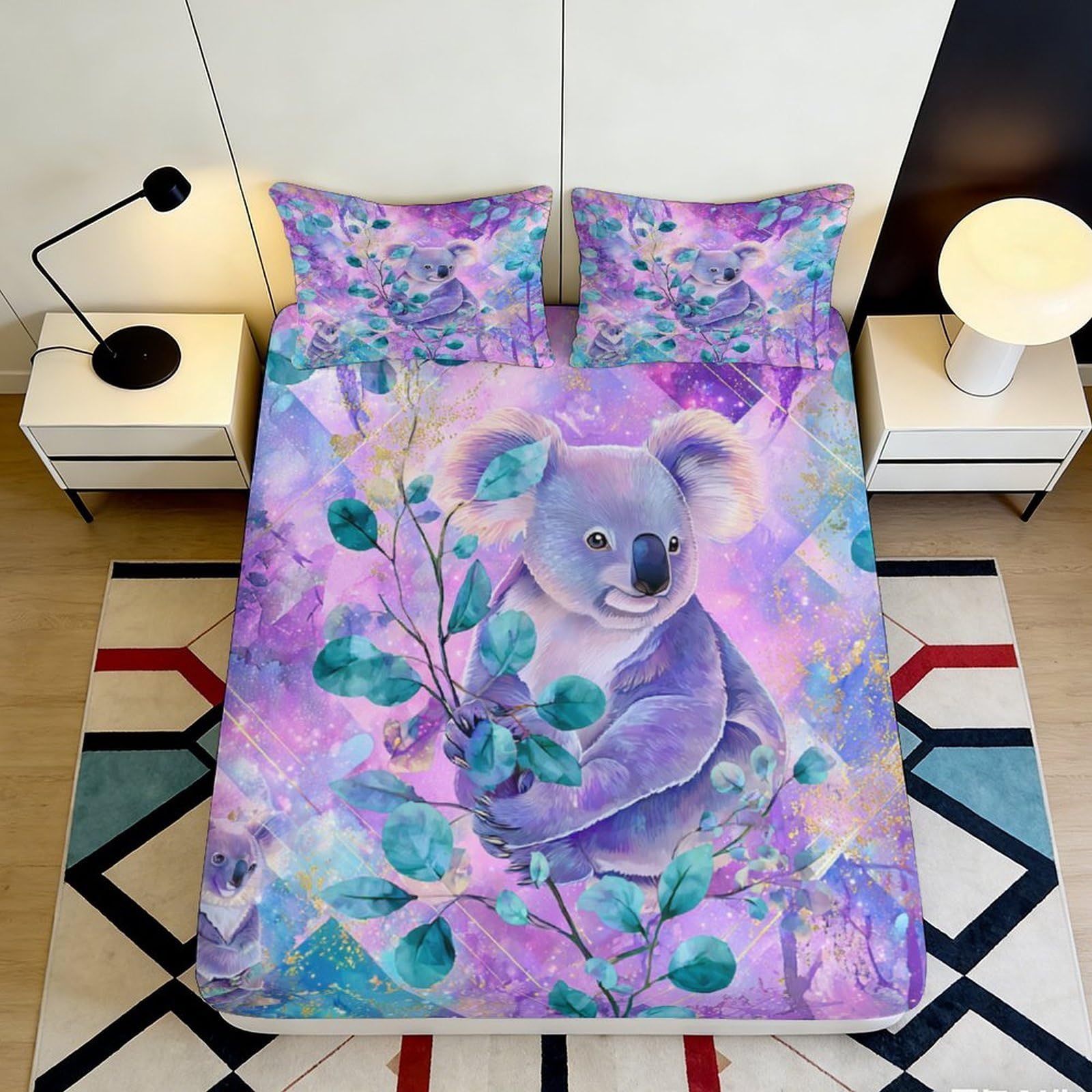 3D Printed Purple Koala Fitted Sheet Microfiber Soft Anti-Slip Eucalyptus Mattress Cover for Bedroom Guest Room Decor 90x200x25cm