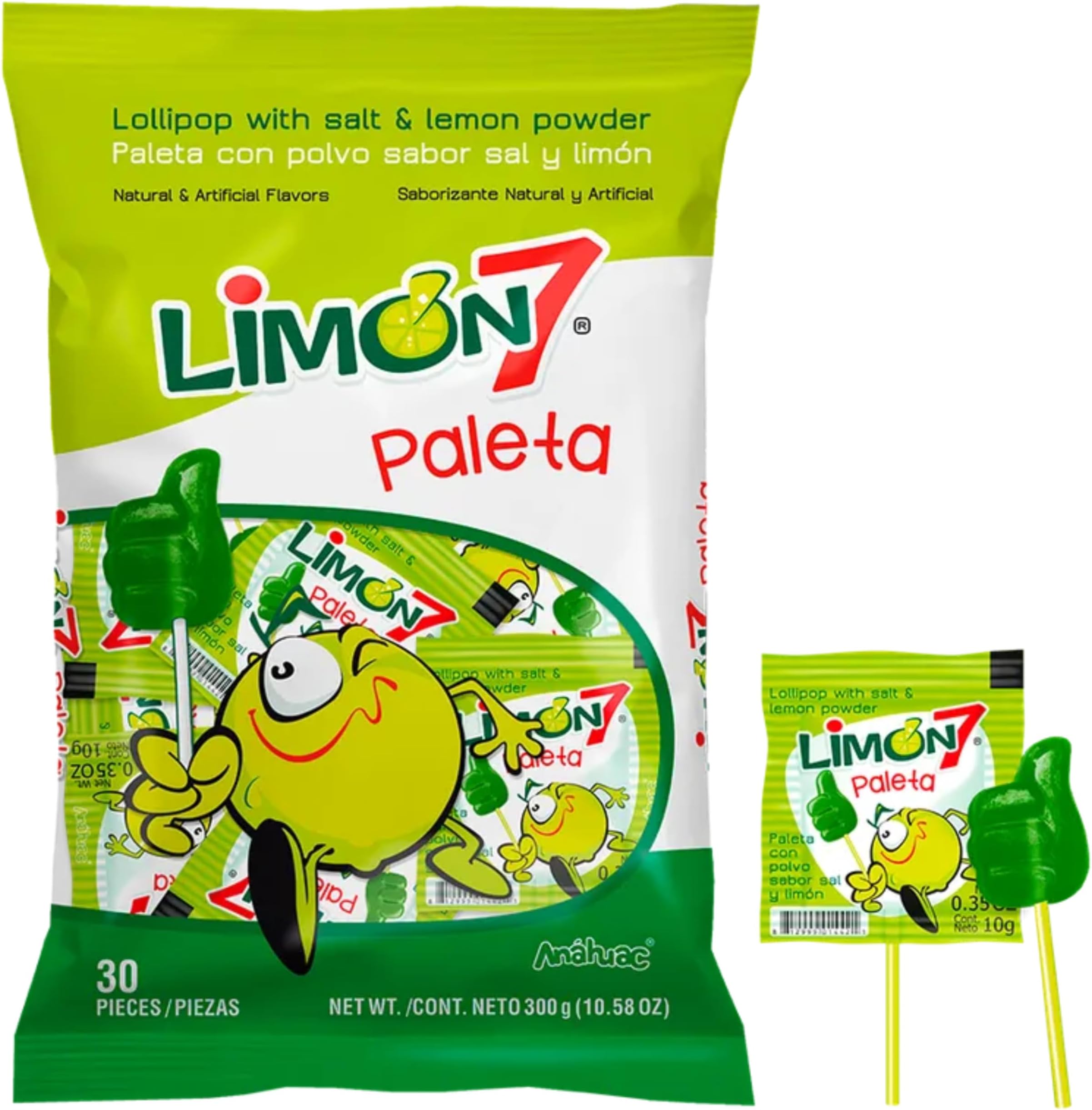 Dulces Anahuac Limon 7 Paleta Lollipop Covered with Lemon and Salt Powder, Mexican Candy, 30 Pieces