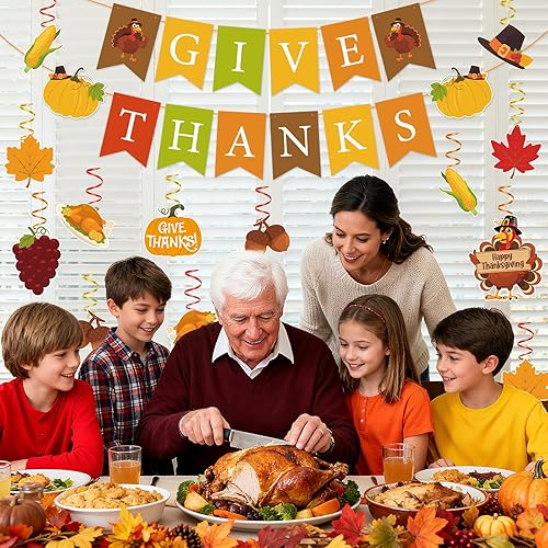 Miniatura 6 de Decoraciones de Acción de Gracias, pancarta de agradecimiento y hojas de arce de calabaza, decoración de remolinos colgantes, decoraciones de fiesta