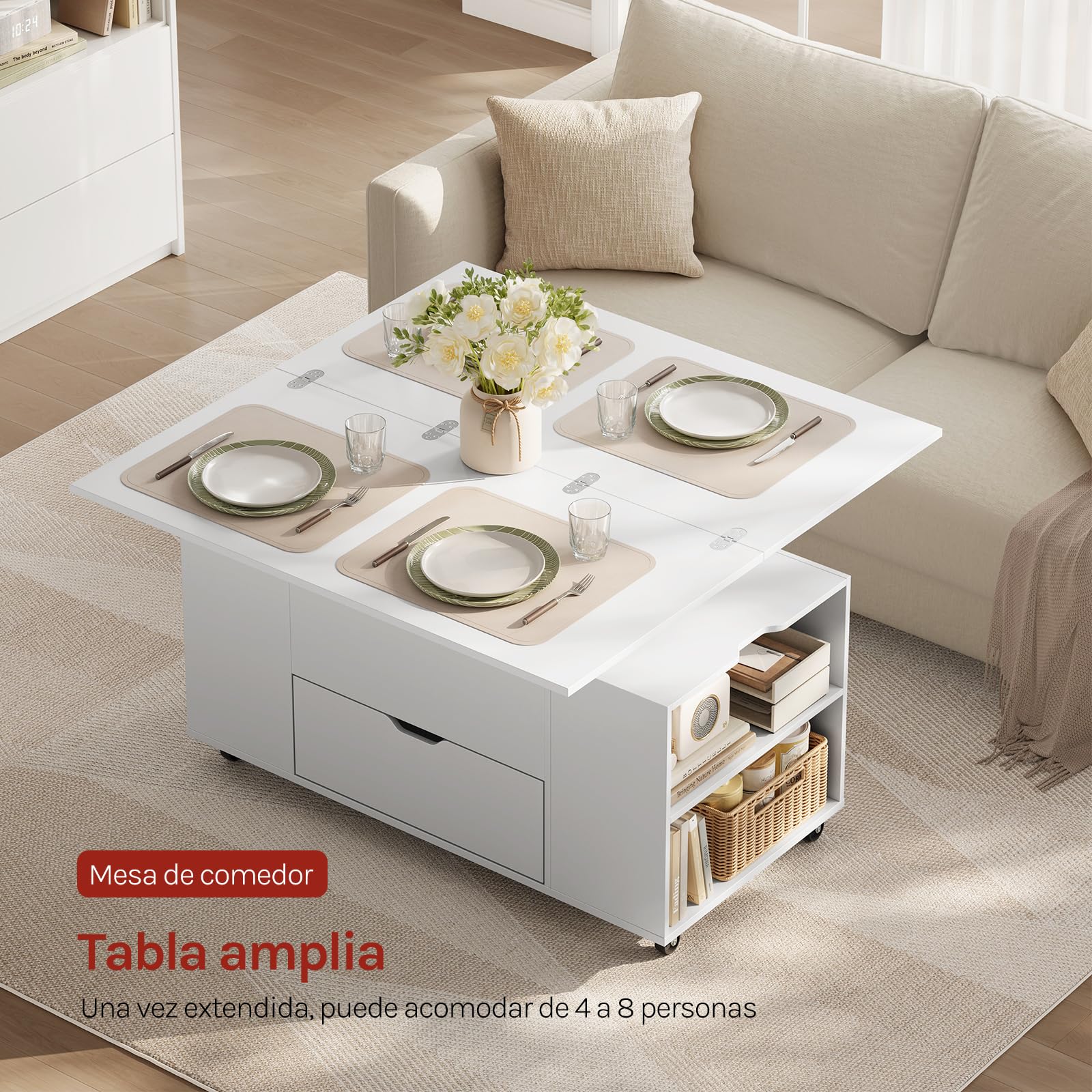 WOLTU Mesa de Centro con Tapa Elevable y Ruedas, Mesa Extensible y de Altura Regulable con Doble Tapa Elevable, Cajón y Compartimentos de Almacenamiento, para Salón u Oficina, Blanco