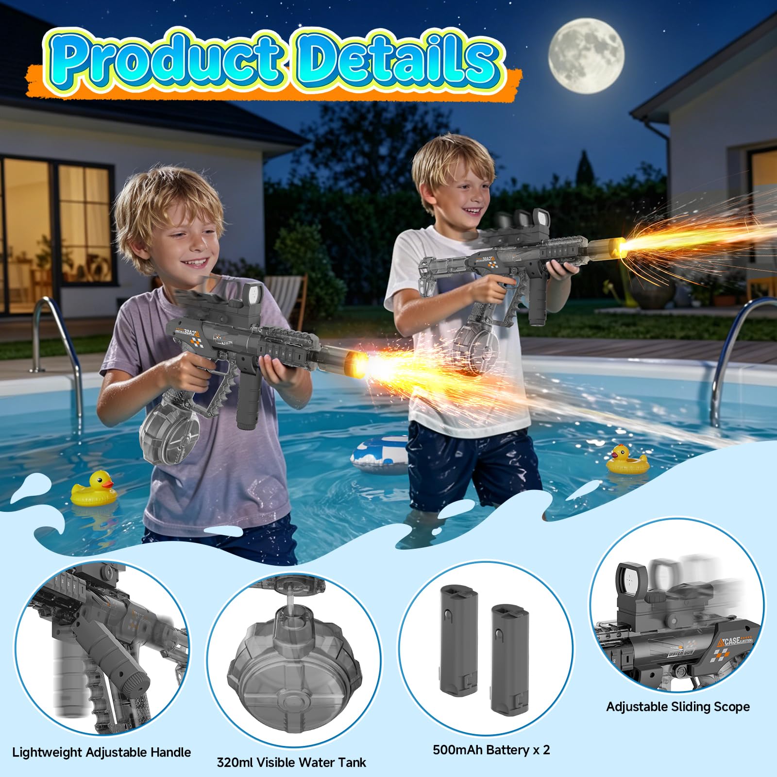 WUQNGI Pistolets et Fusils à Eau, Pistolet a Eau Electrique Puissant, Automatique 2-en-1 Pliable avec Effet de Flamme Lumineux, Grande Capacité, Jouet de Plage et Piscine pour Été Enfants et Adultes