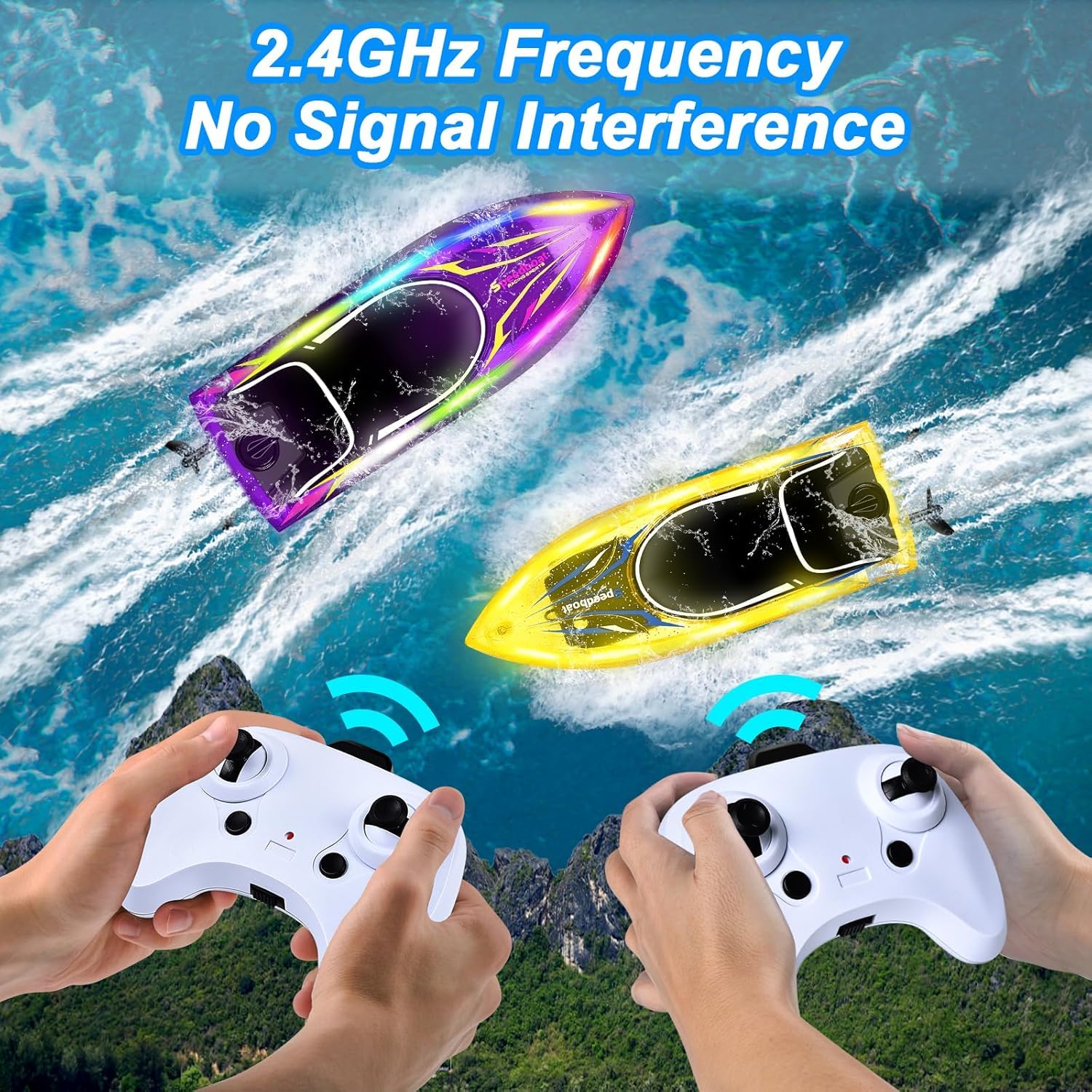 JONRRYIN RC Bateau Télécommandé 2 Pièces, RC Bateau avec Lumières LED pour Enfants, 2,4 GHz Bateau avec Alarme de Batterie Faible, RC Racing Bateaux, RC Boat Enfants Adultes pour Piscines et Lacs