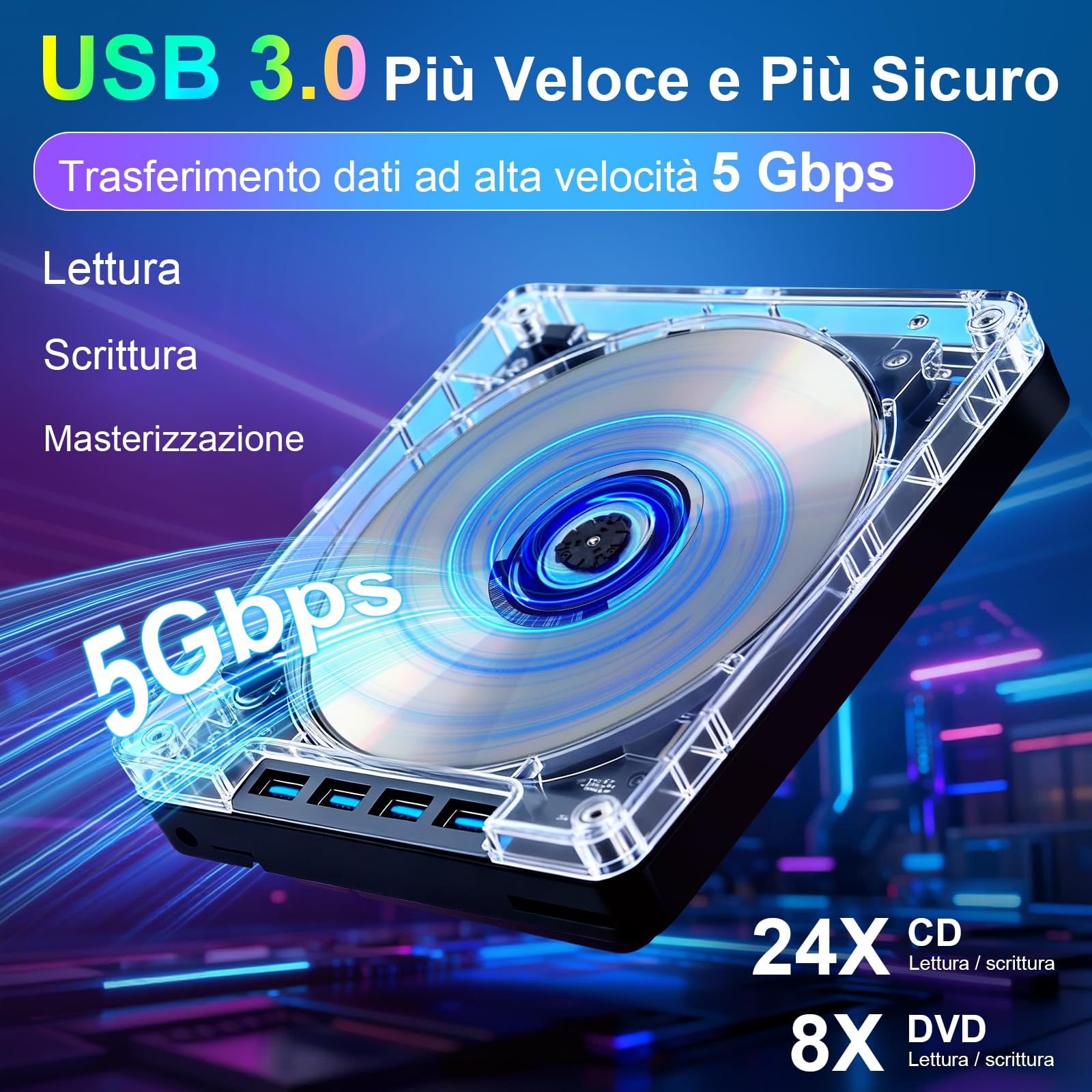 Lettore CD/DVD Esterno per PC Portatile, Masterizzatore DVD Esterno Unità Esterna CD/DVD Velocità 5 Gbps 4 Porte USB 3.0 -/+RW/ROM per Windows 11/10/8/7/XP/Vista, Linux, MacOS, Laptop, Desktop