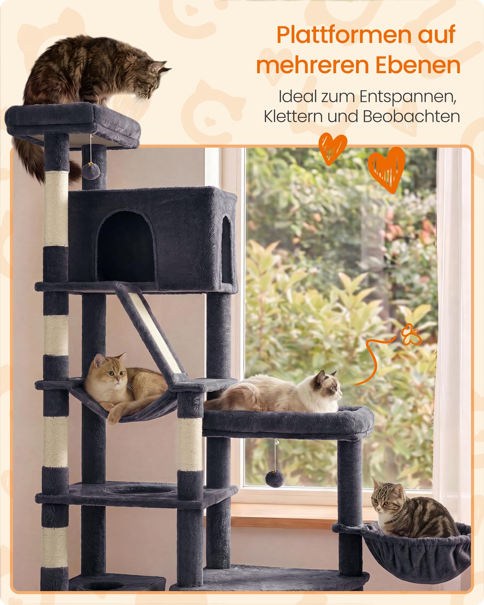 Feandrea Kratzbaum groß, 188 cm hoch, Katzenbaum für Große Katzen, mit 7 Sisalstämmen, 1 Kratzbrett, Doppelhöhle, große Plattform, für Mehrere Katzen, Dunkelgrau, Clawfy Kollektion PCT016G201
