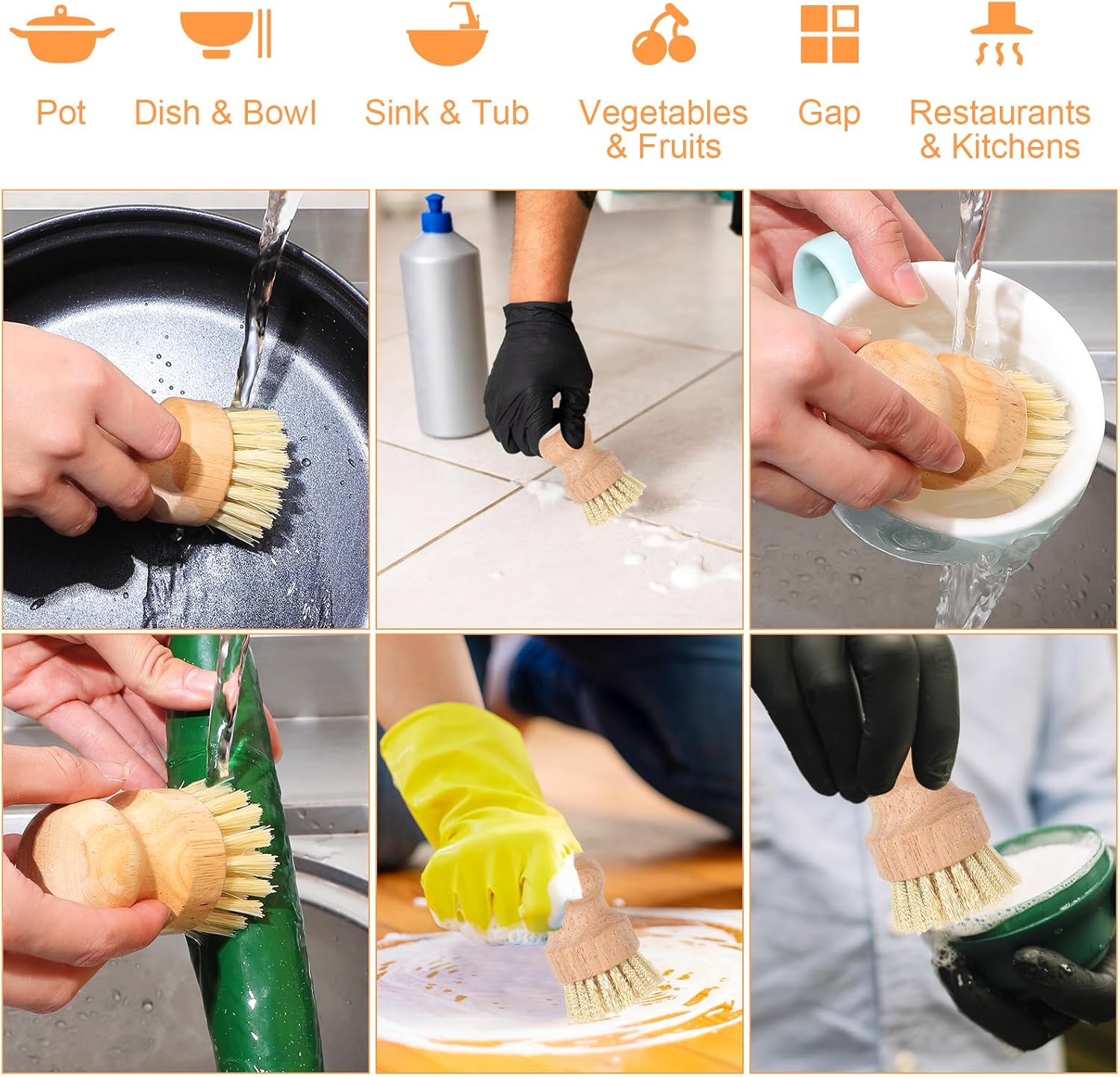 cobee 12Pcs Bamboo Dish Scrub Brushes, Kitchen Dishwashing Scrubber with Natural Sisal Bristles Round Wooden Dish Scrubber Brush for Iron Pot Pan Food Kitchen Sink Fruit Vegetable Wash