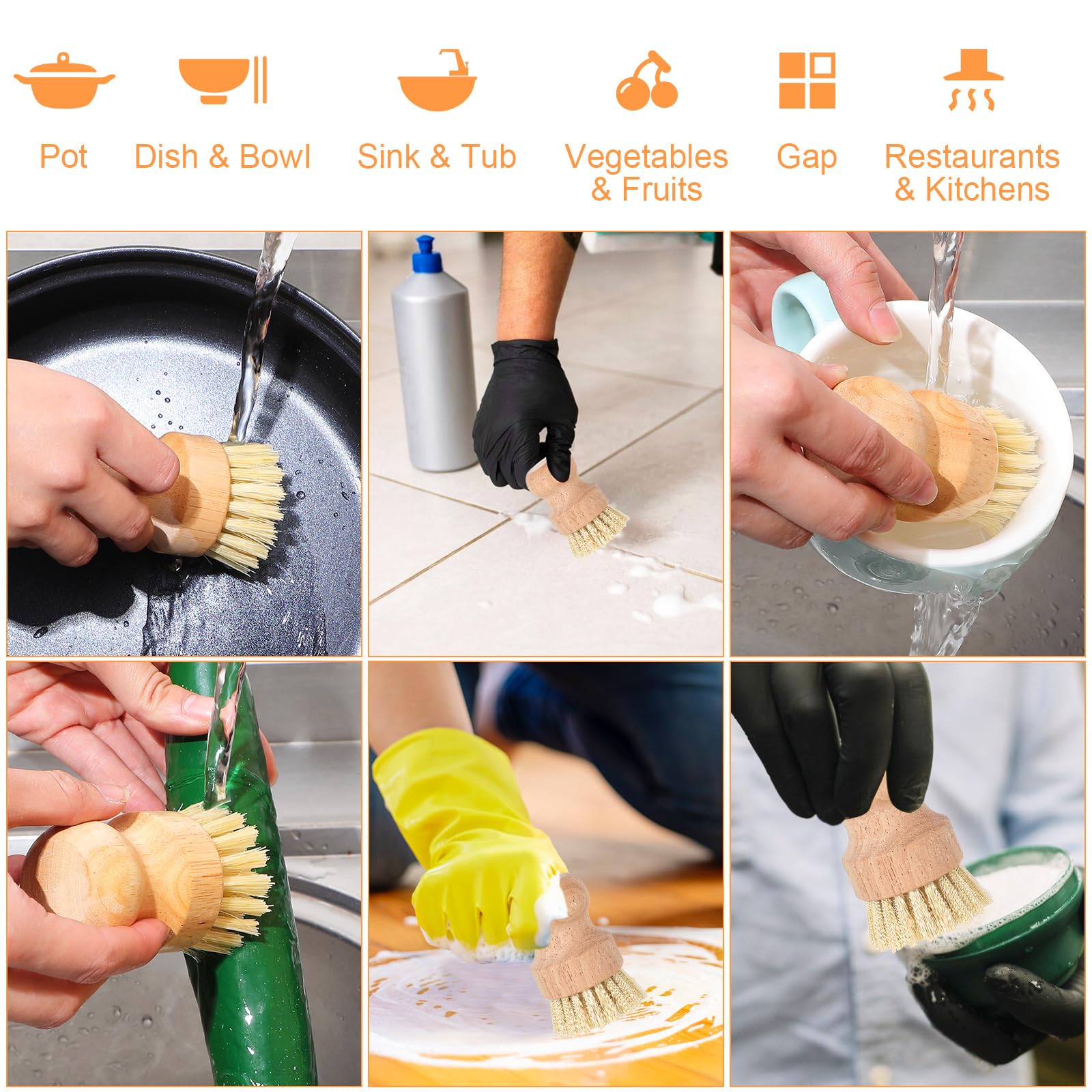 cobee Lot de 12 brosses à récurer rondes en bambou avec poils en sisal naturel pour casseroles en fer, poêles, éviers, fruits, légumes