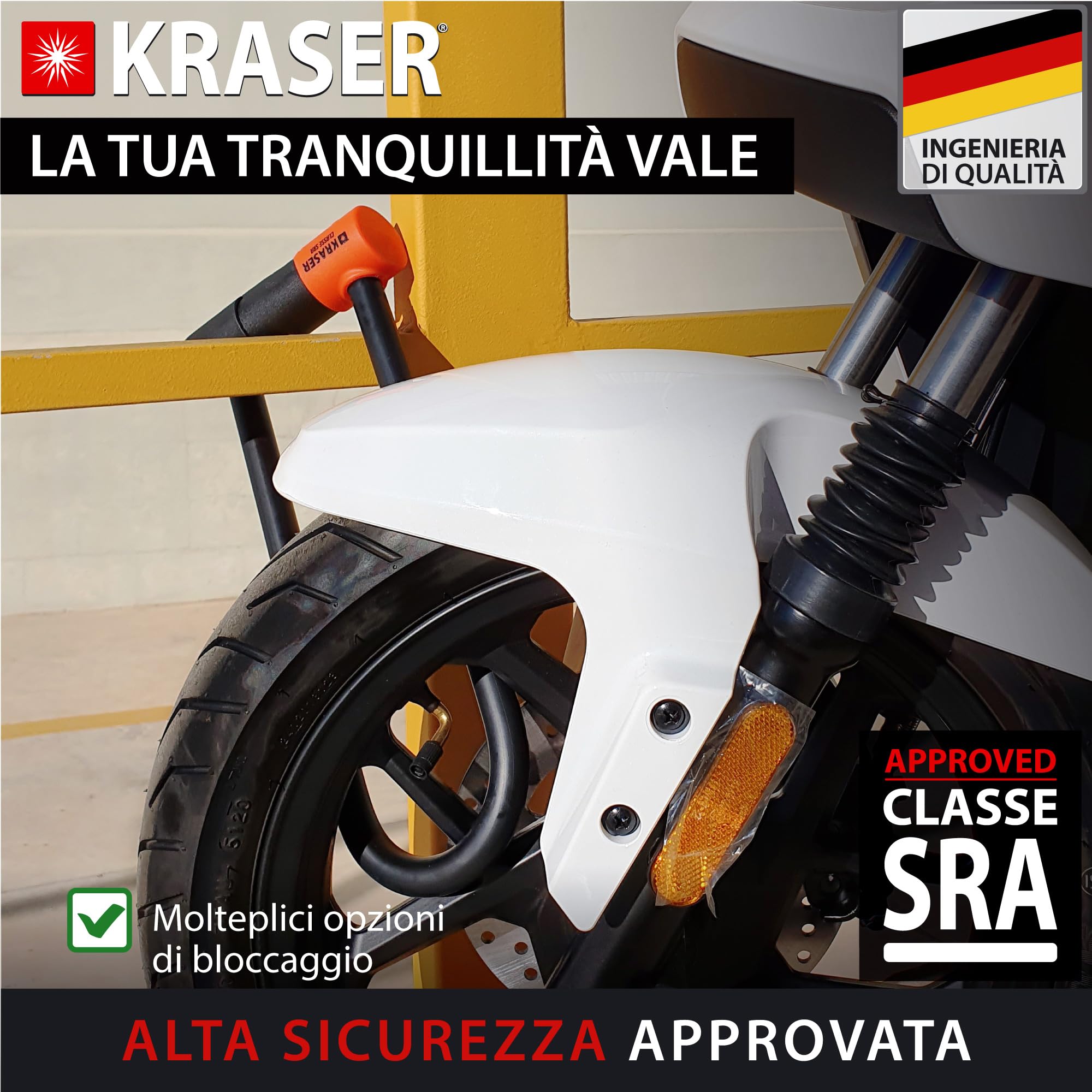 KRASER KR85L Lucchetto a U Blocco Ruota, Alta Sicurezza Testata, Omologato SRA, Arco 85x300mm ø18mm Doppio Chiusura, Serratura Anti-Grimaldello, Antifurto U Lock per Moto, Scooter
